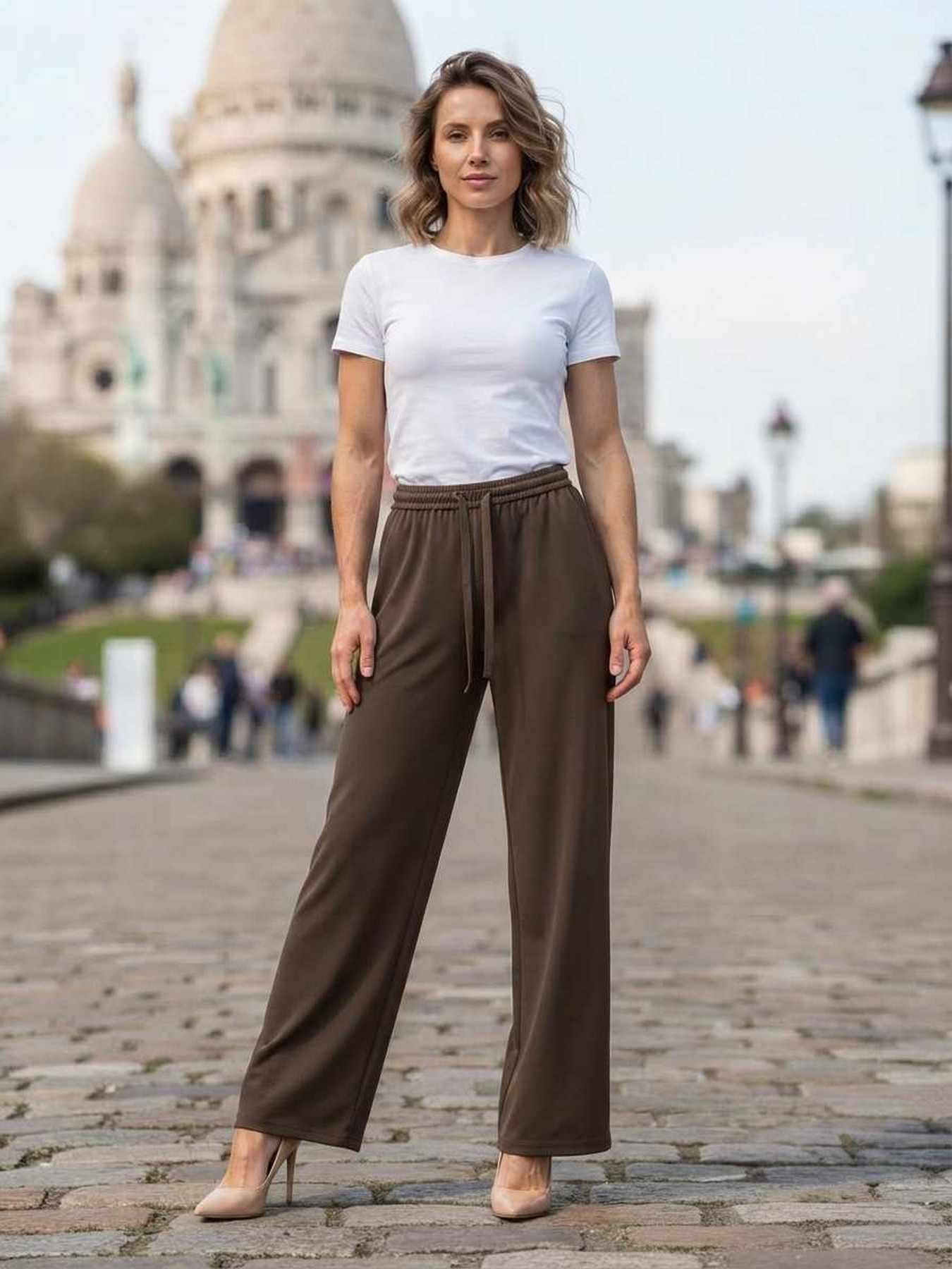Pantalon long femme casual, jambe droite, sportif, cordon de serrage