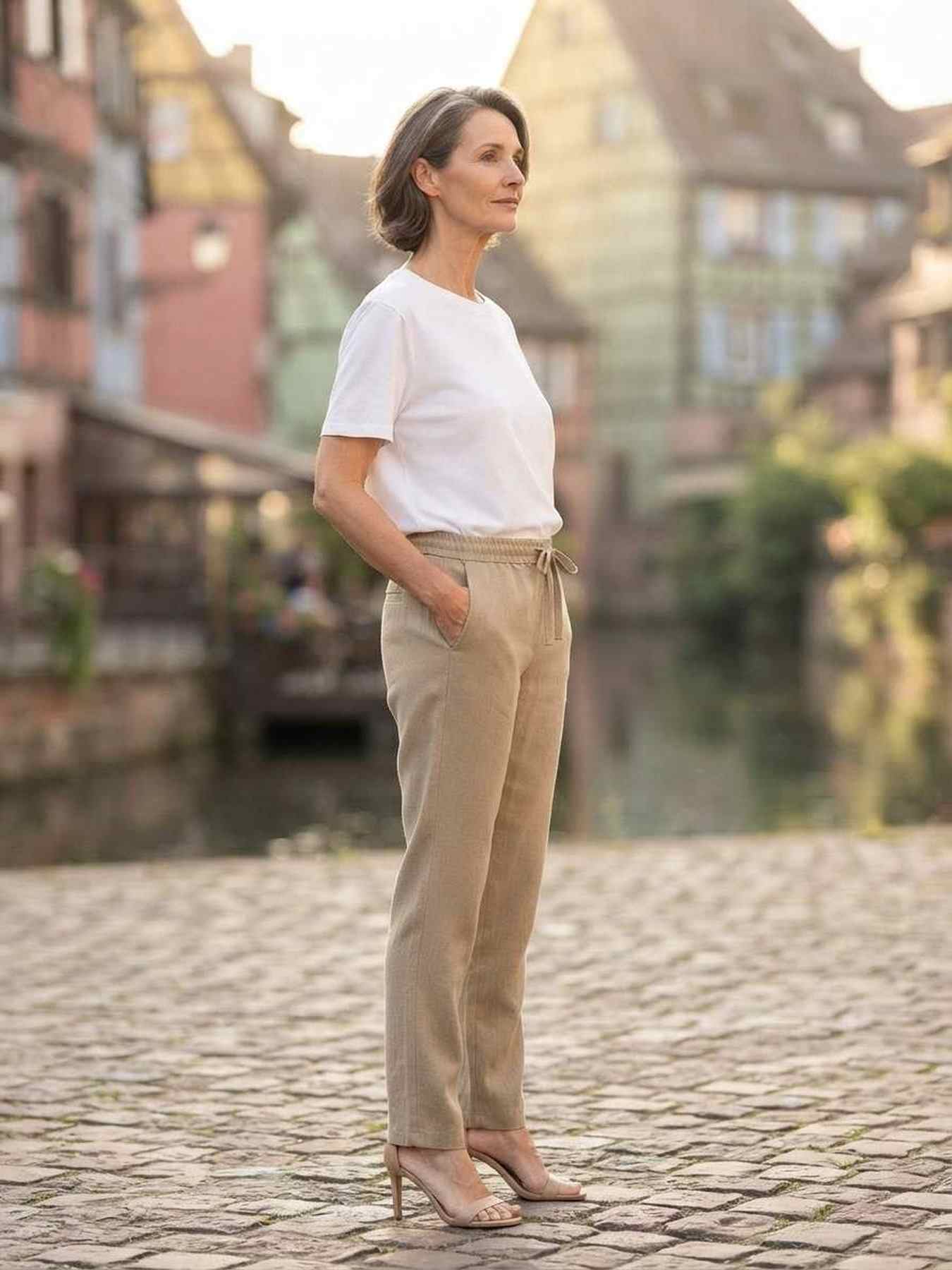 Pantalon femme long jambe droite casual sportif à cordons