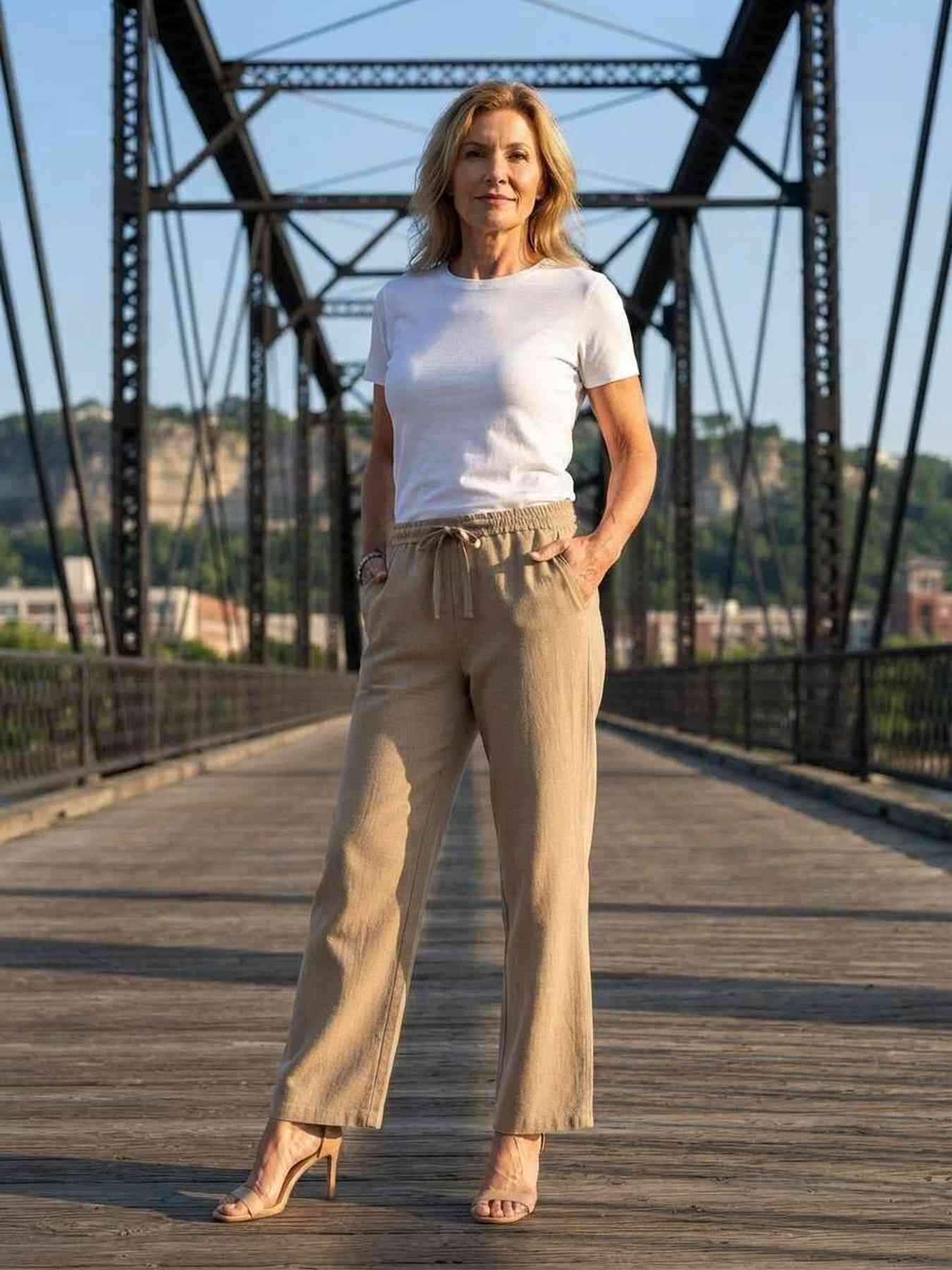 Pantalon décontracté femme jambe droite avec cordon