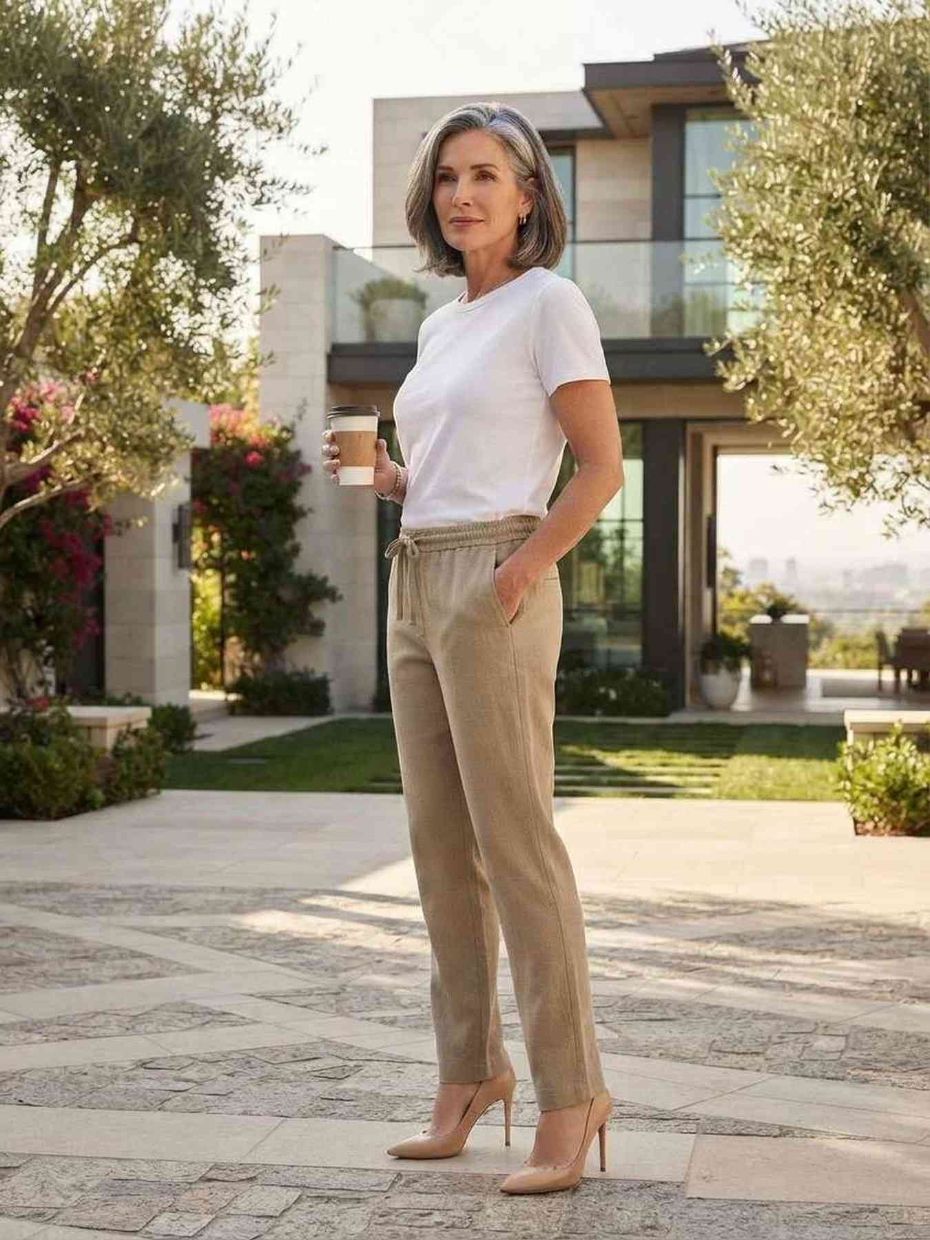 Pantalon long femme jambe droite décontracté