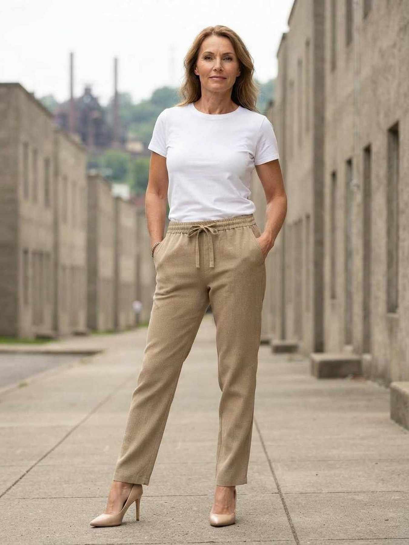 Pantalon long femme casual droit, sport, cordon, usage quotidien