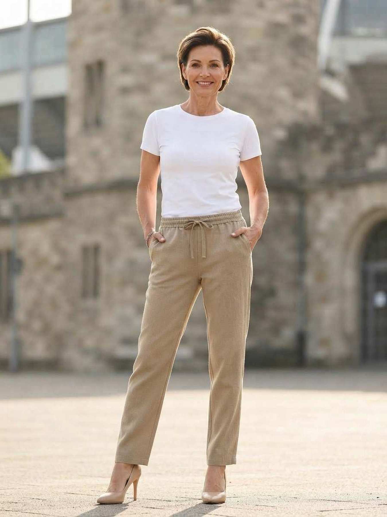 Pantalon casual femme long, jambe droite, sportif, cordon de serrage, usage quotidien