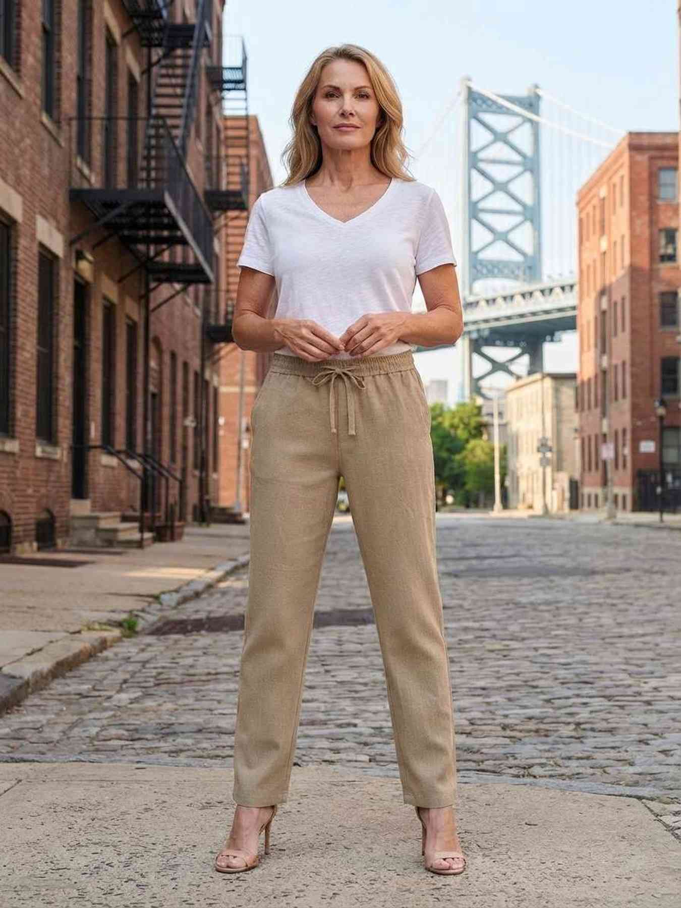 Pantalon femme casual, jambe droite, cordon de serrage