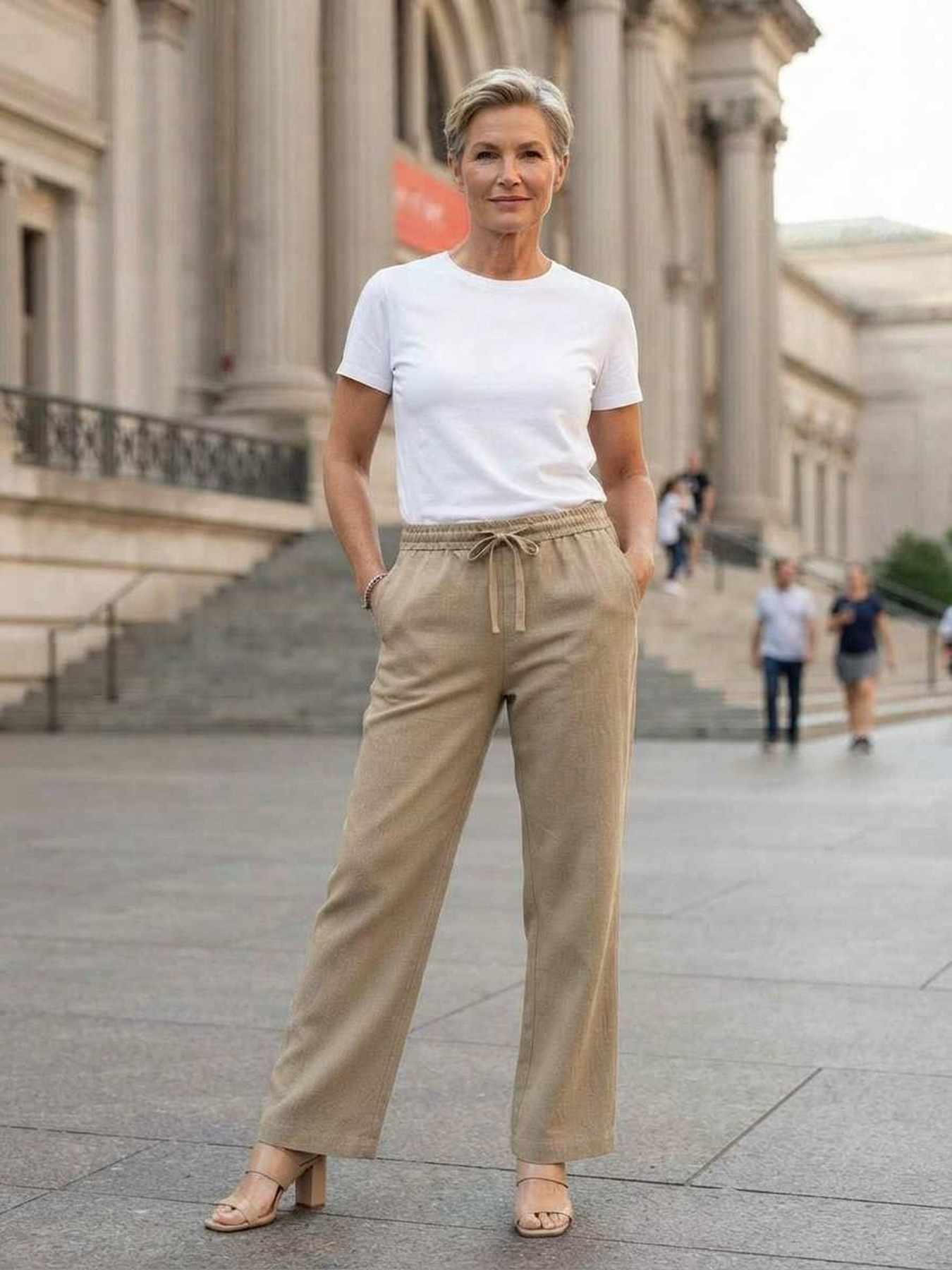 Pantalon décontracté femme jambe droite avec cordon
