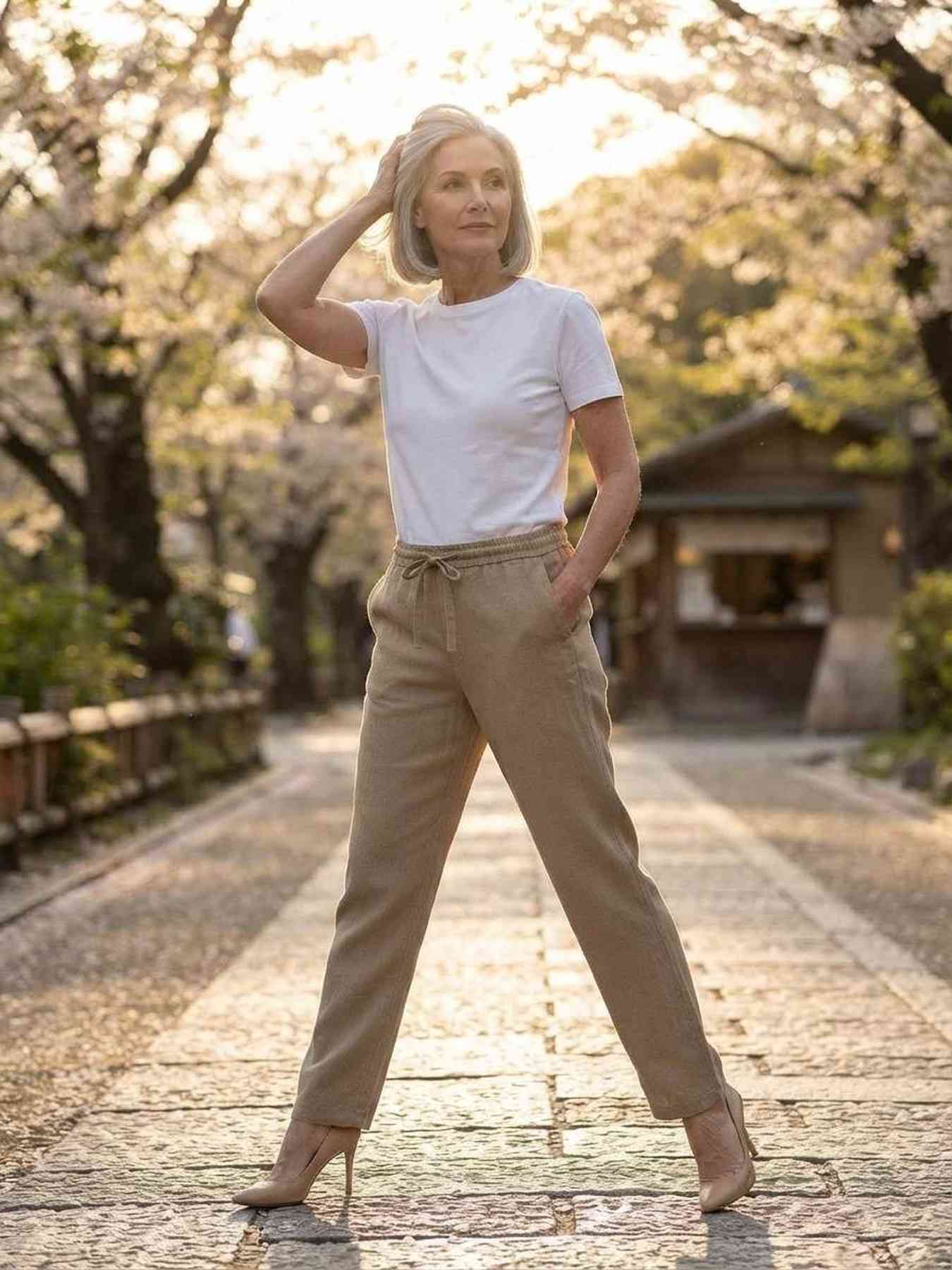 Pantalon décontracté femme jambe droite avec cordon