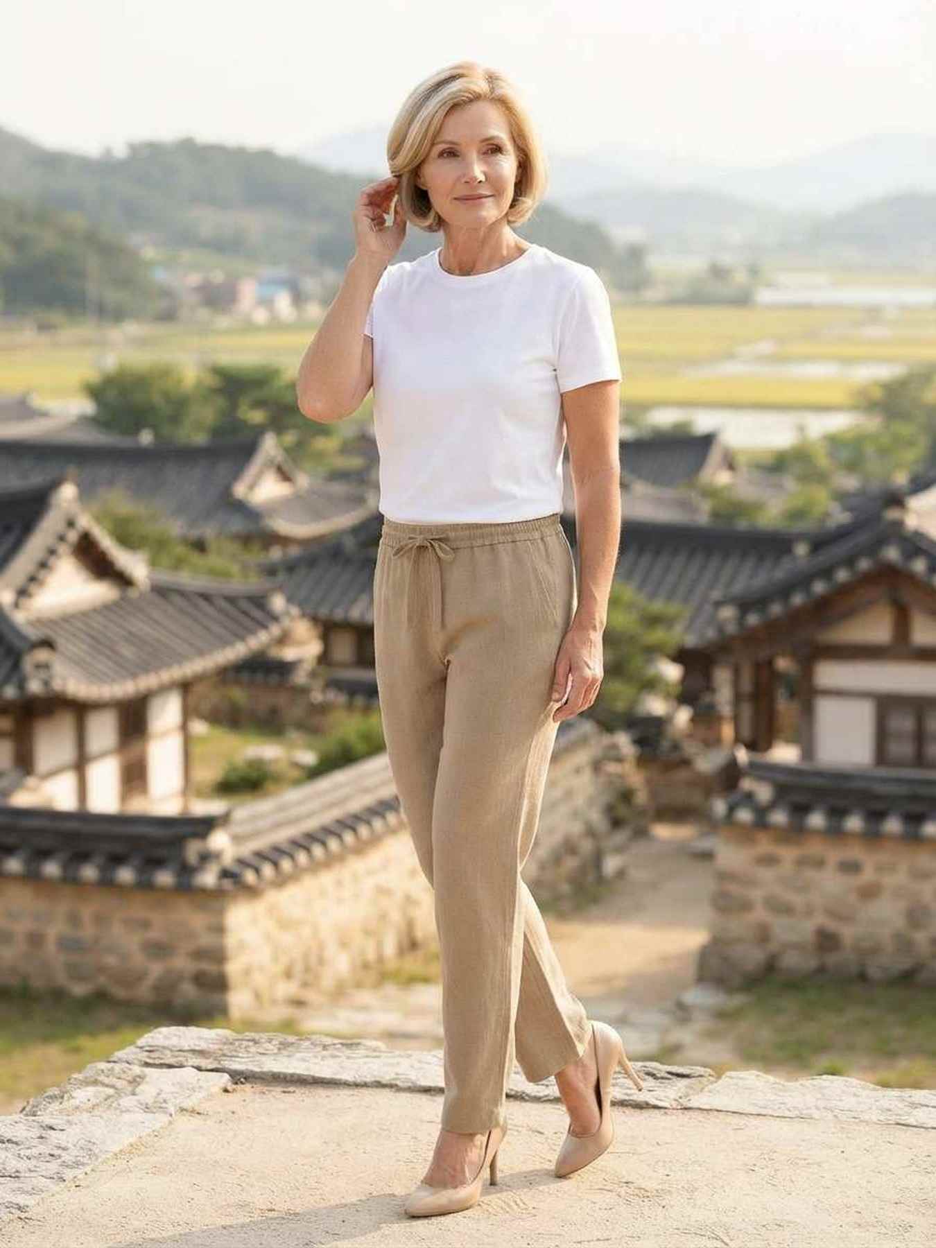 Pantalon femme long, coupe droite, style décontracté avec cordon