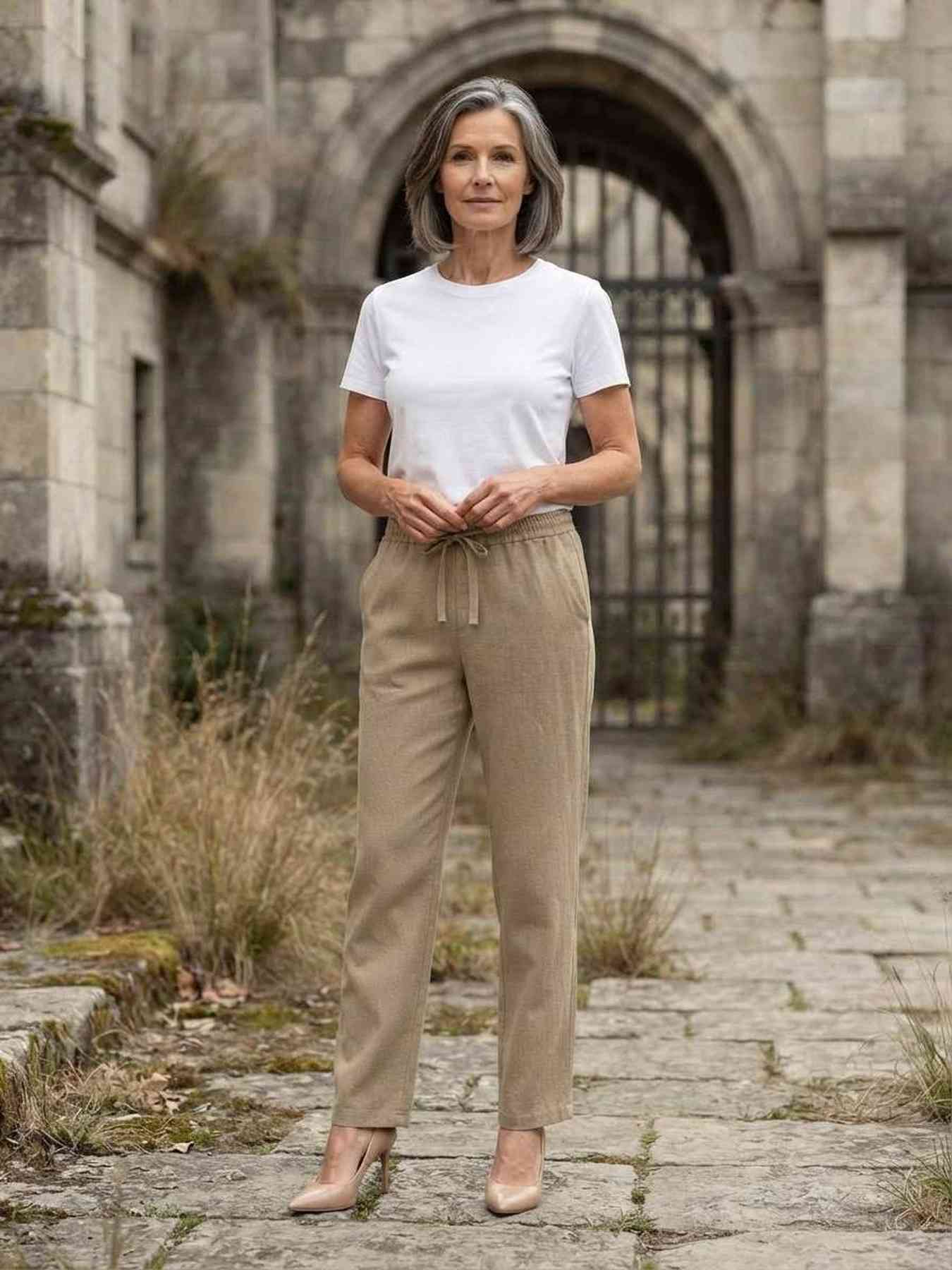 Pantalon femme long, coupe droite, style décontracté avec cordon