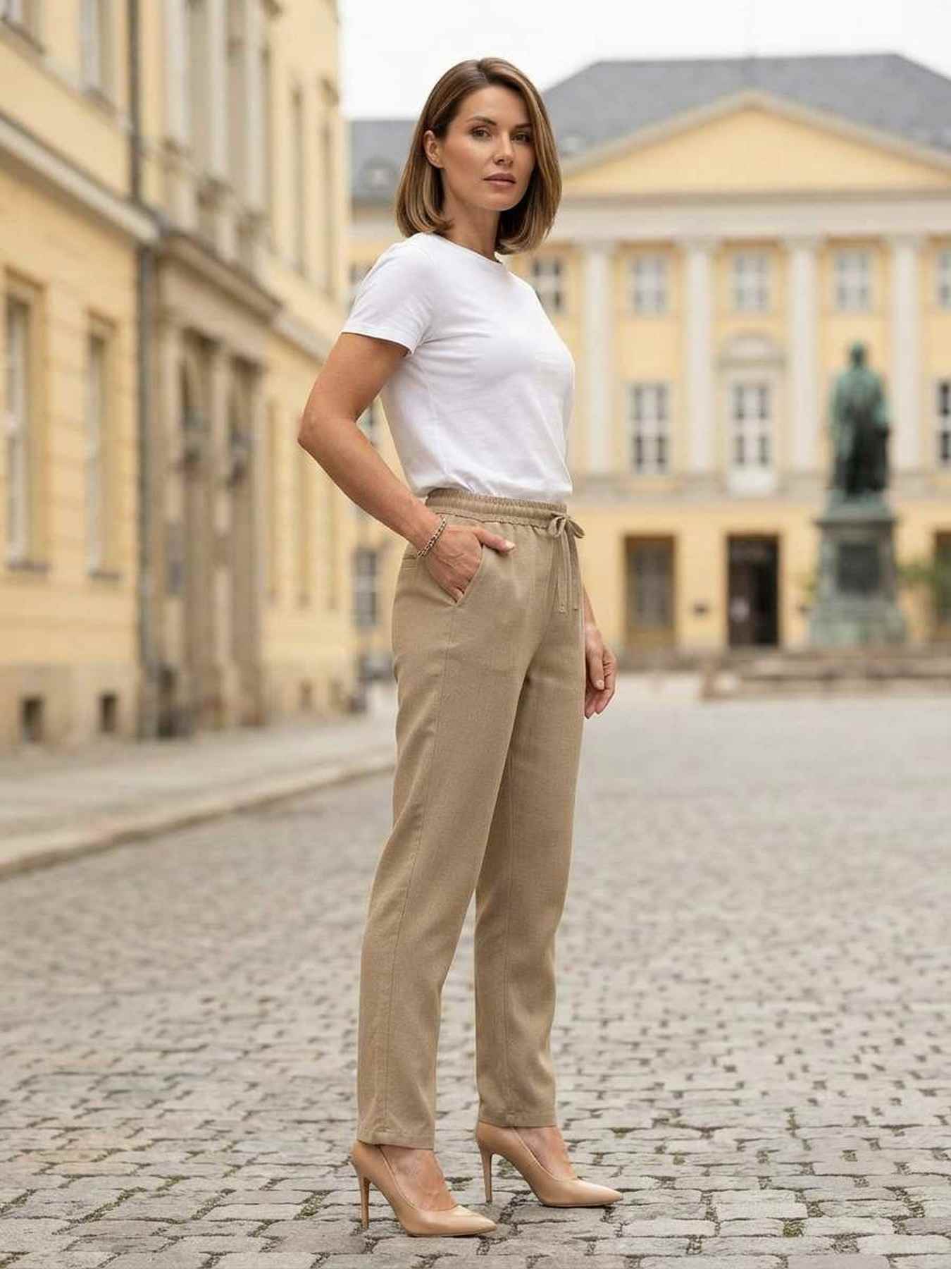 Pantalon casual femme jambe droite décontracté sportif cordon