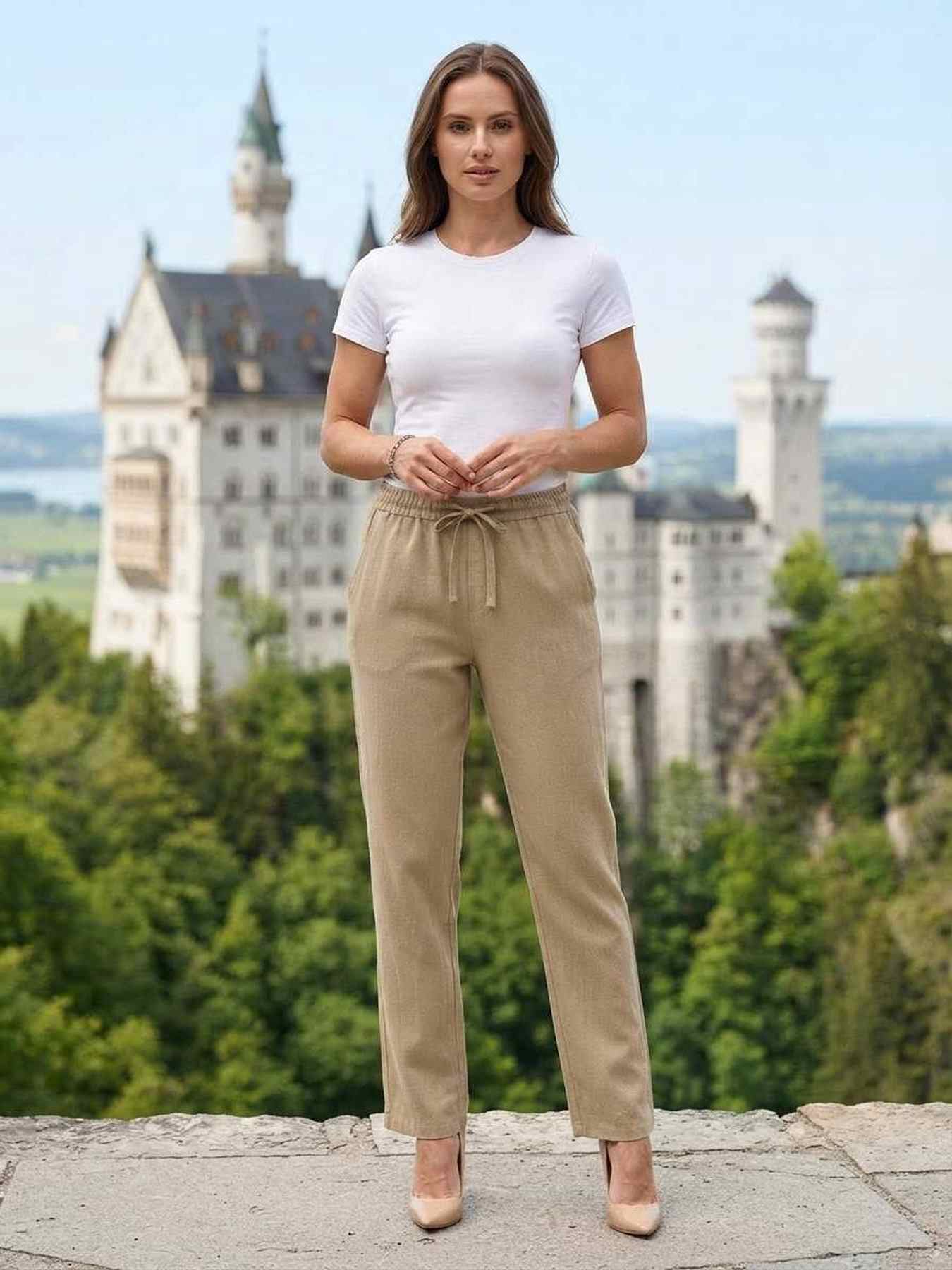 Pantalon long femme, jambe droite, casual, sportif, cordon de serrage, usage quotidien