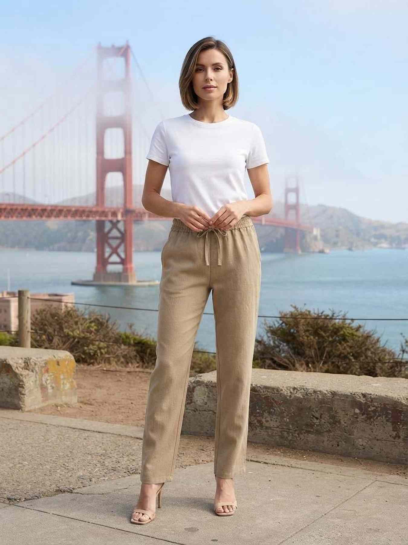 Pantalon long femme, jambe droite, casual sportif, cordon, usage quotidien