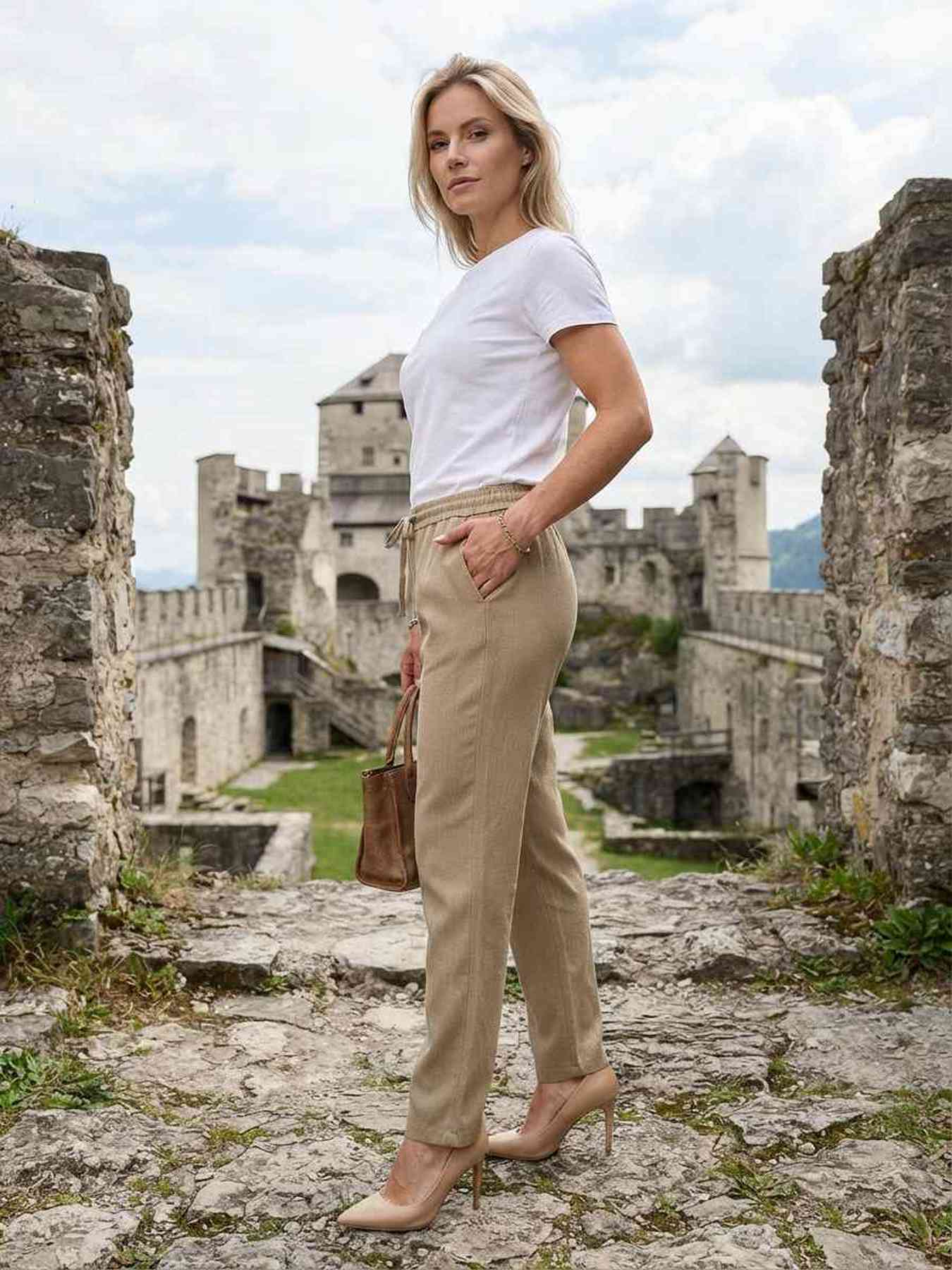 Pantalon long femme jambe droite décontracté