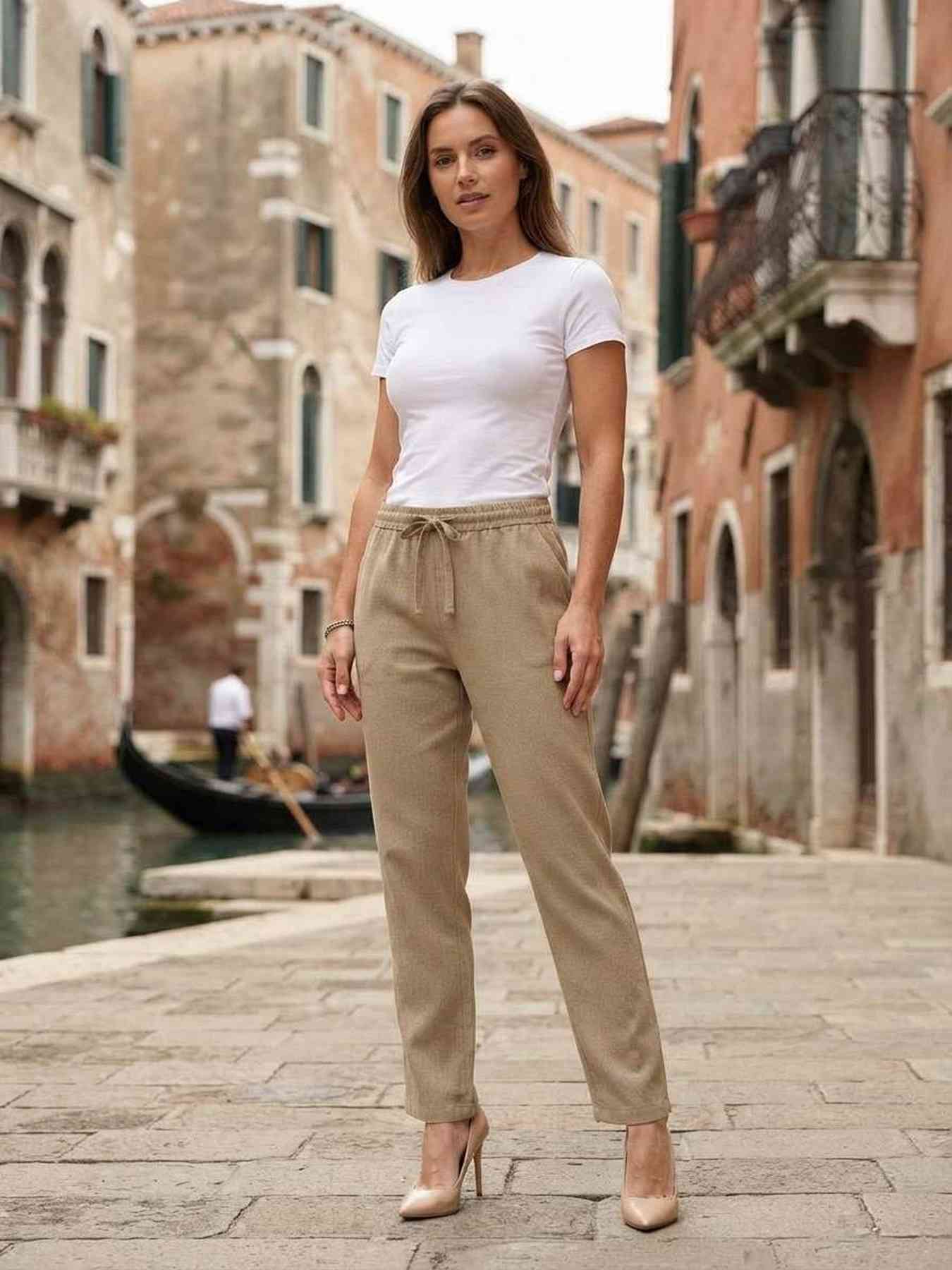 Pantalon long femme, jambe droite, casual sportif, cordon, usage quotidien