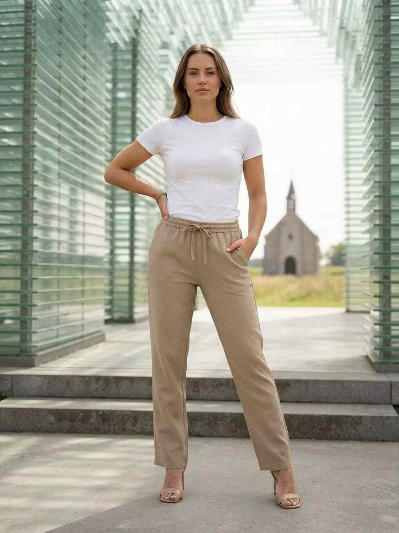 Pantalon femme long, coupe droite, style décontracté avec cordon