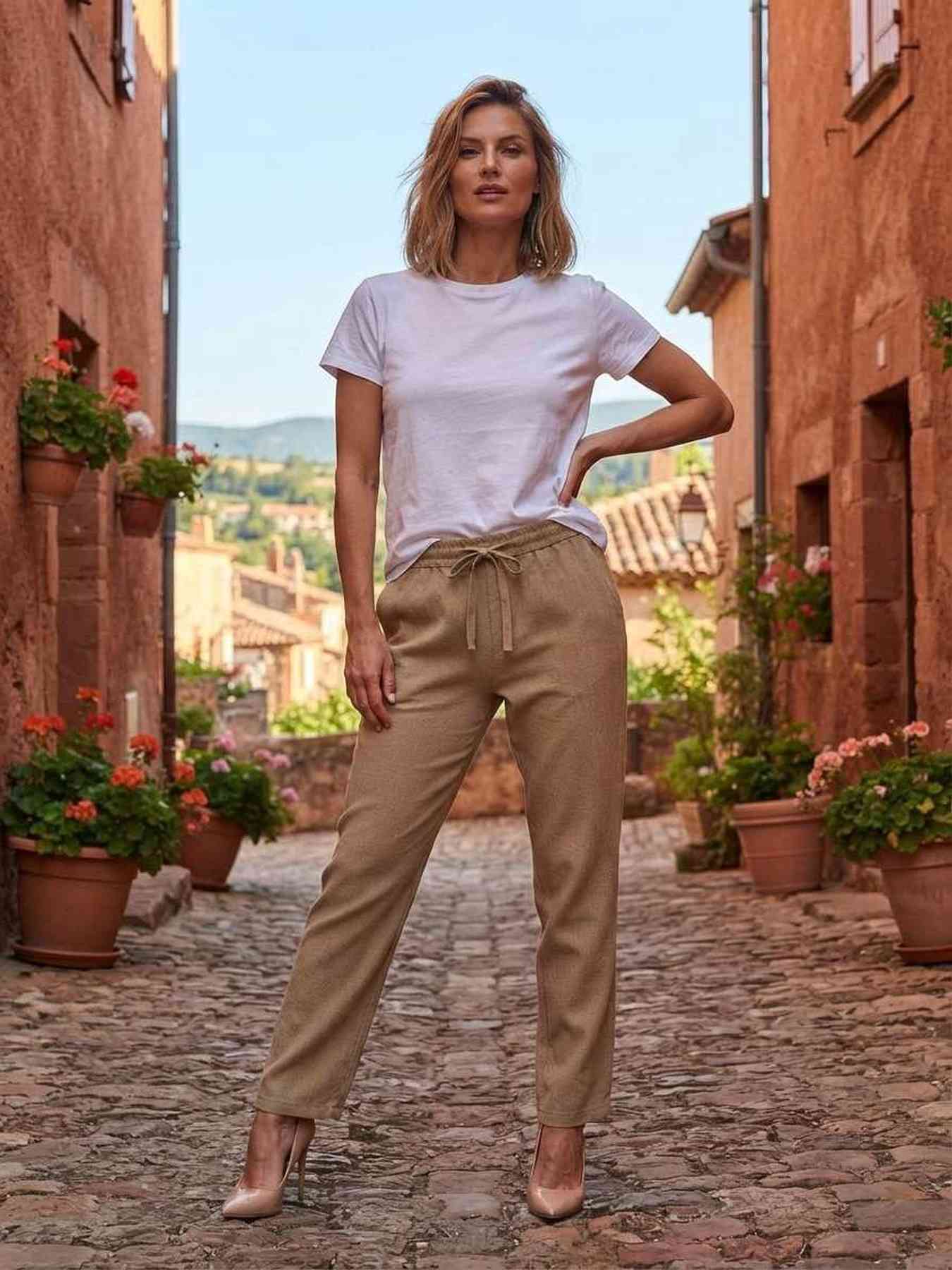Pantalon casual femme jambe droite décontracté sportif cordon