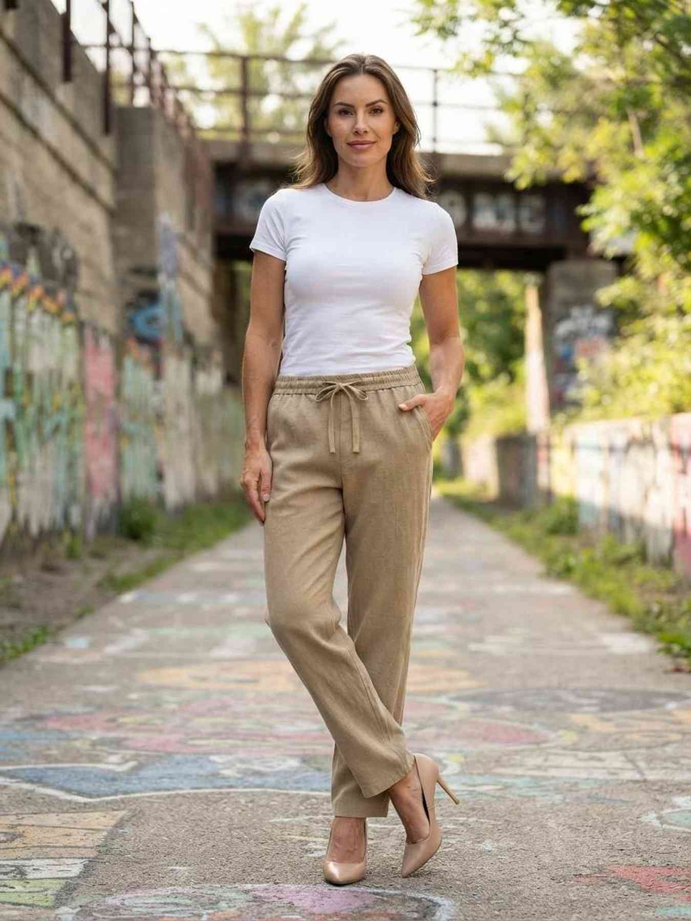 Pantalon femme long jambe droite casual sportif à cordons