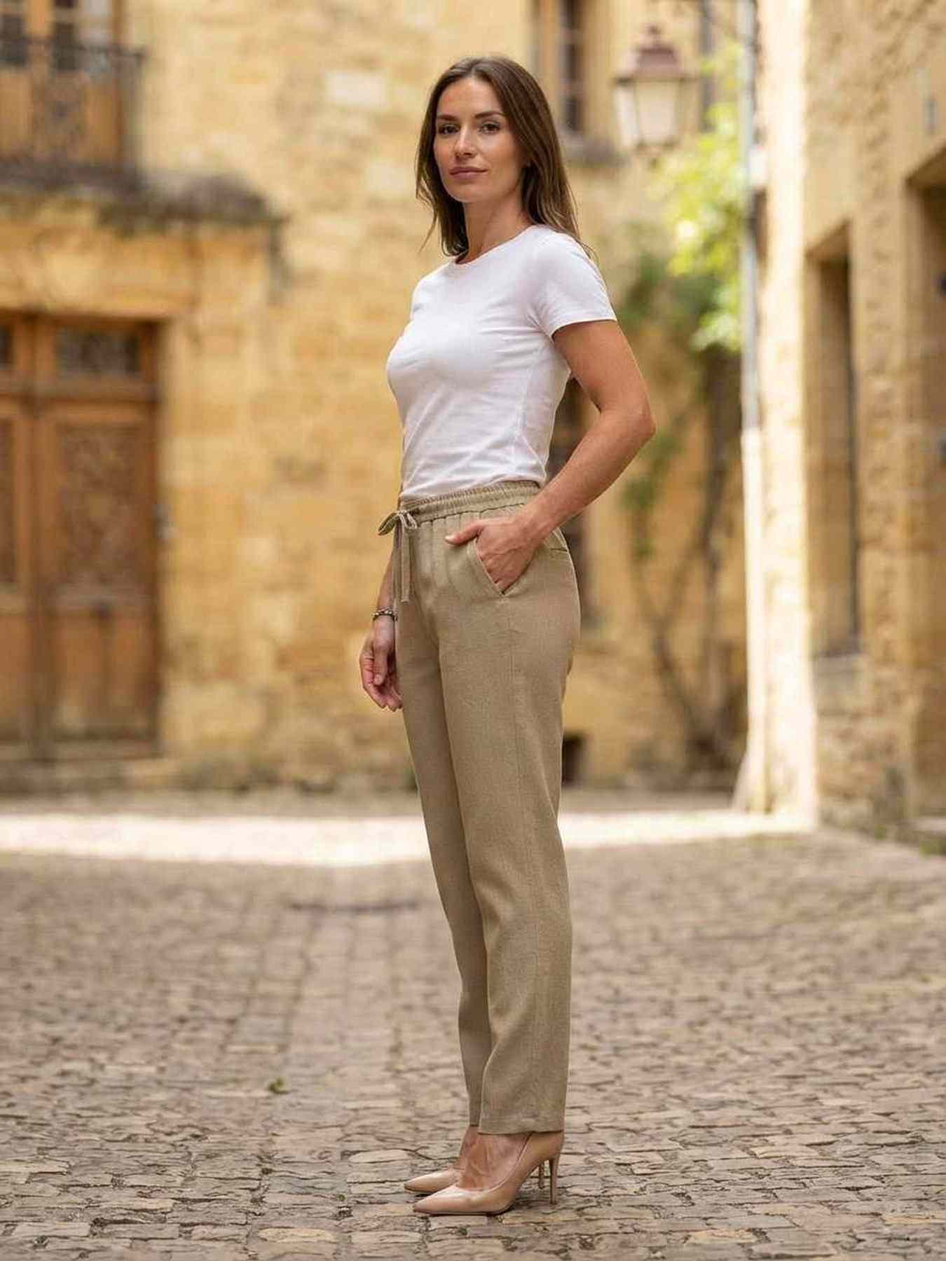 Pantalon casual femme jambe droite décontracté sportif cordon