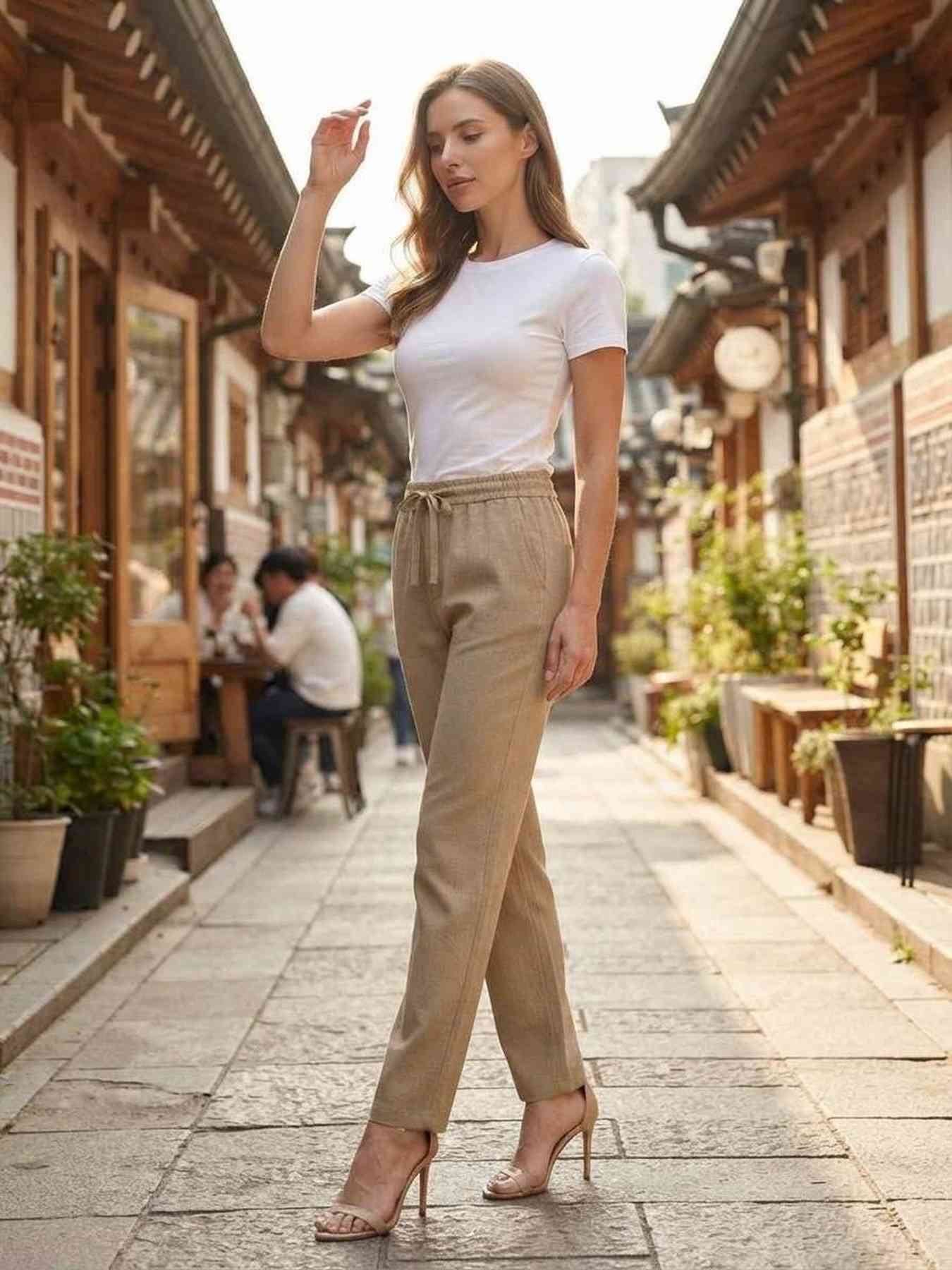 Pantalon long femme jambe droite décontracté