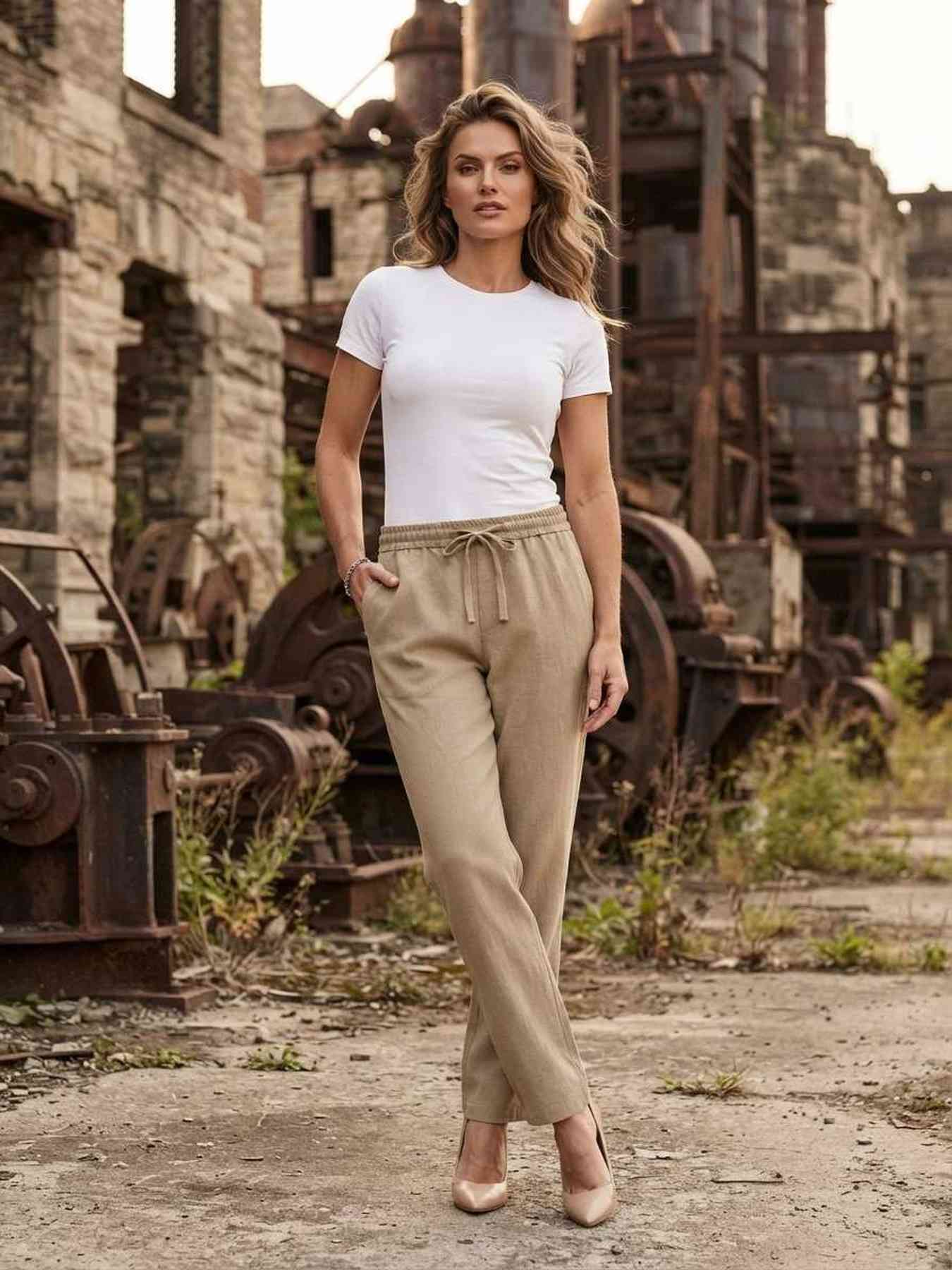 Pantalon femme casual, jambe droite, cordon de serrage