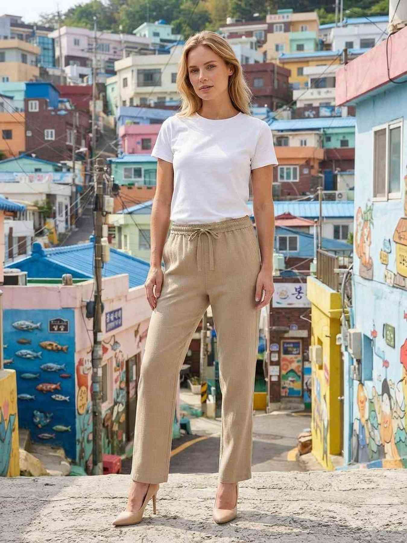 Pantalon décontracté femme, jambe droite, usage quotidien