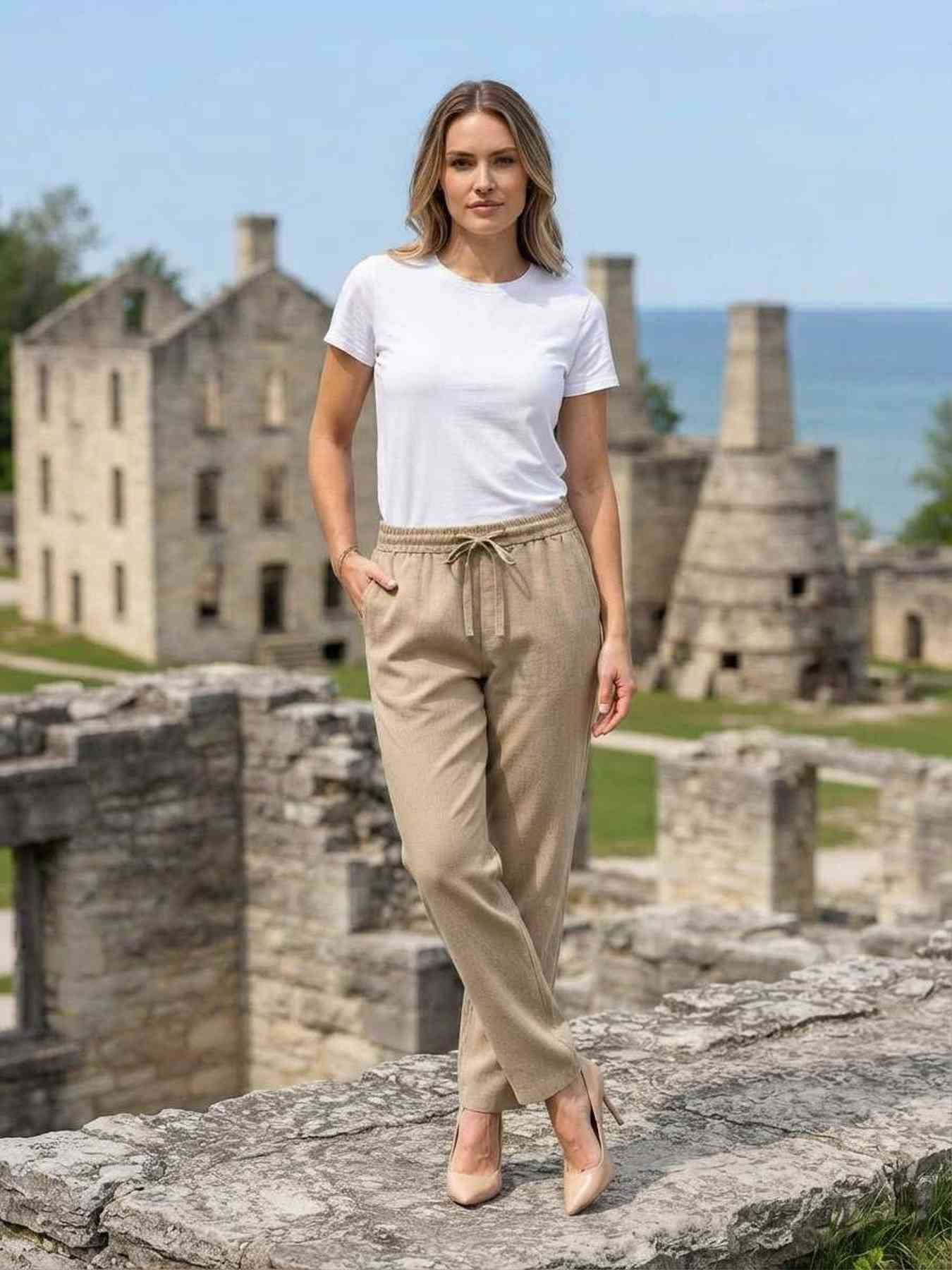 Pantalon décontracté femme, jambe droite, usage quotidien