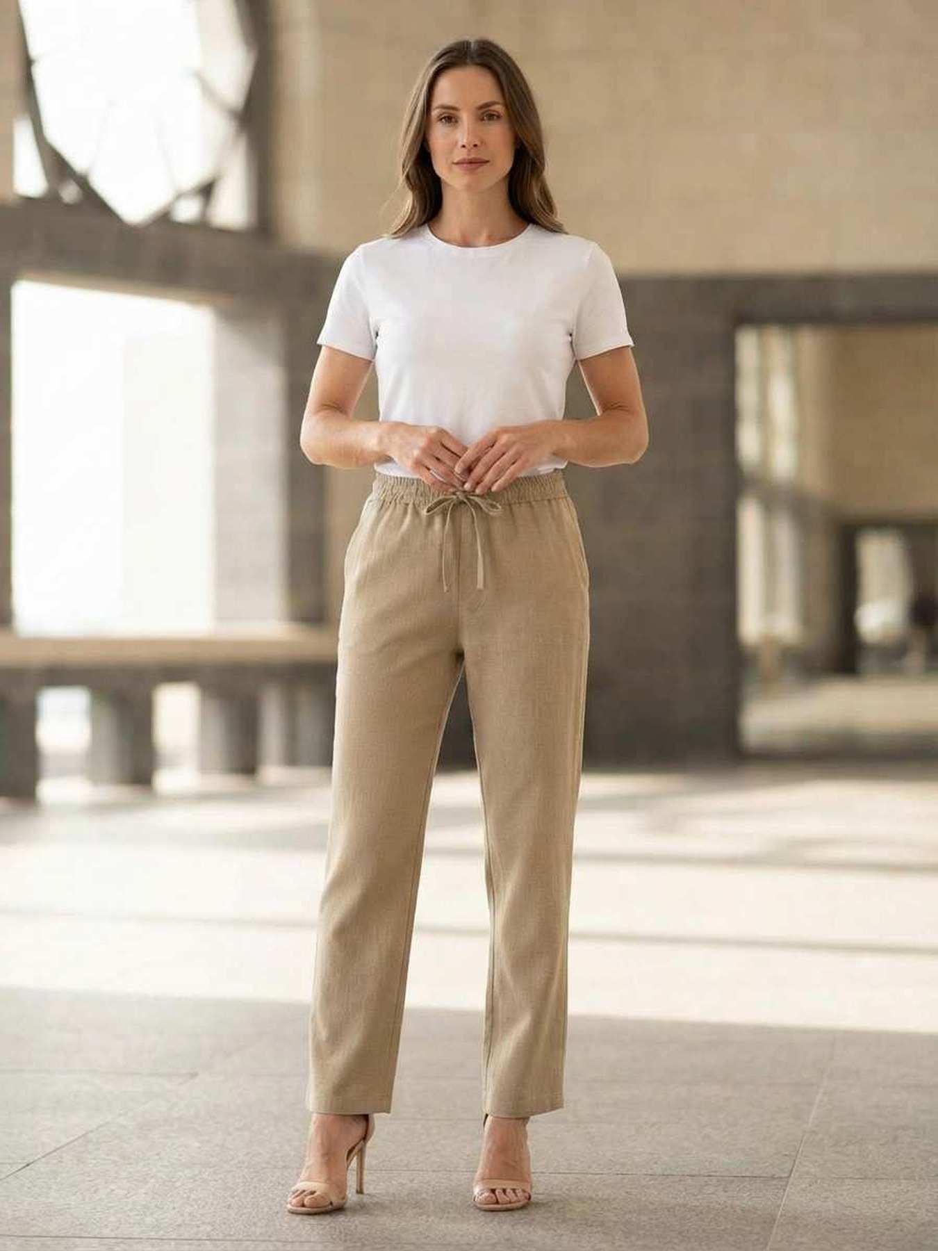 Pantalon femme casual, jambe droite, cordon de serrage