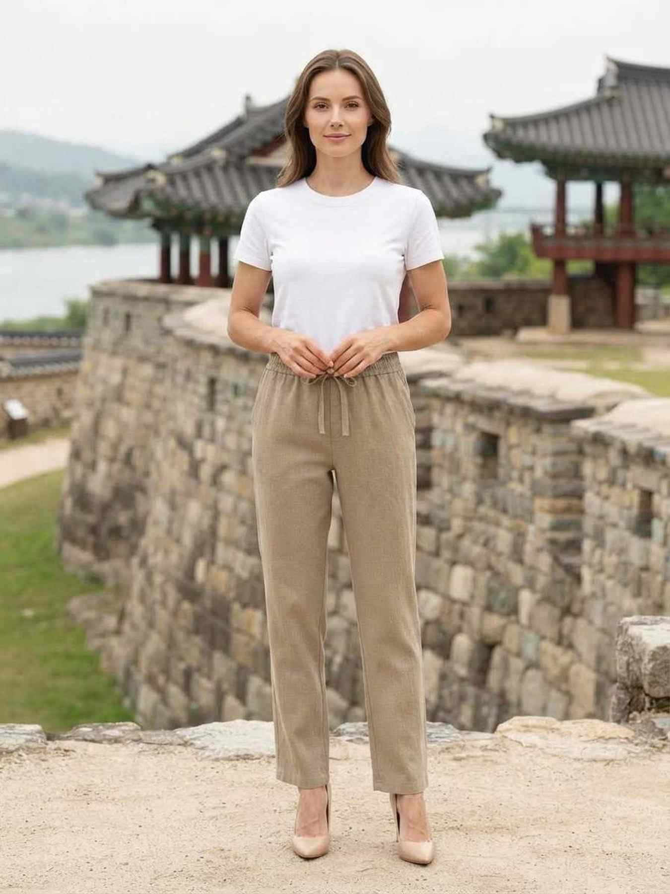 Pantalon long femme jambe droite décontracté