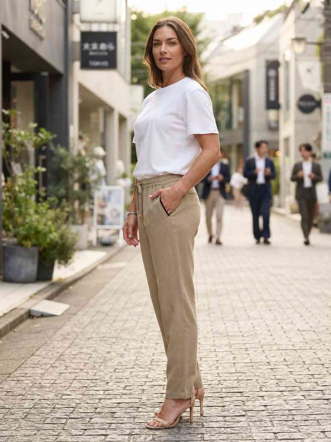 Pantalon long femme casual, jambe droite, sportif, cordon de serrage