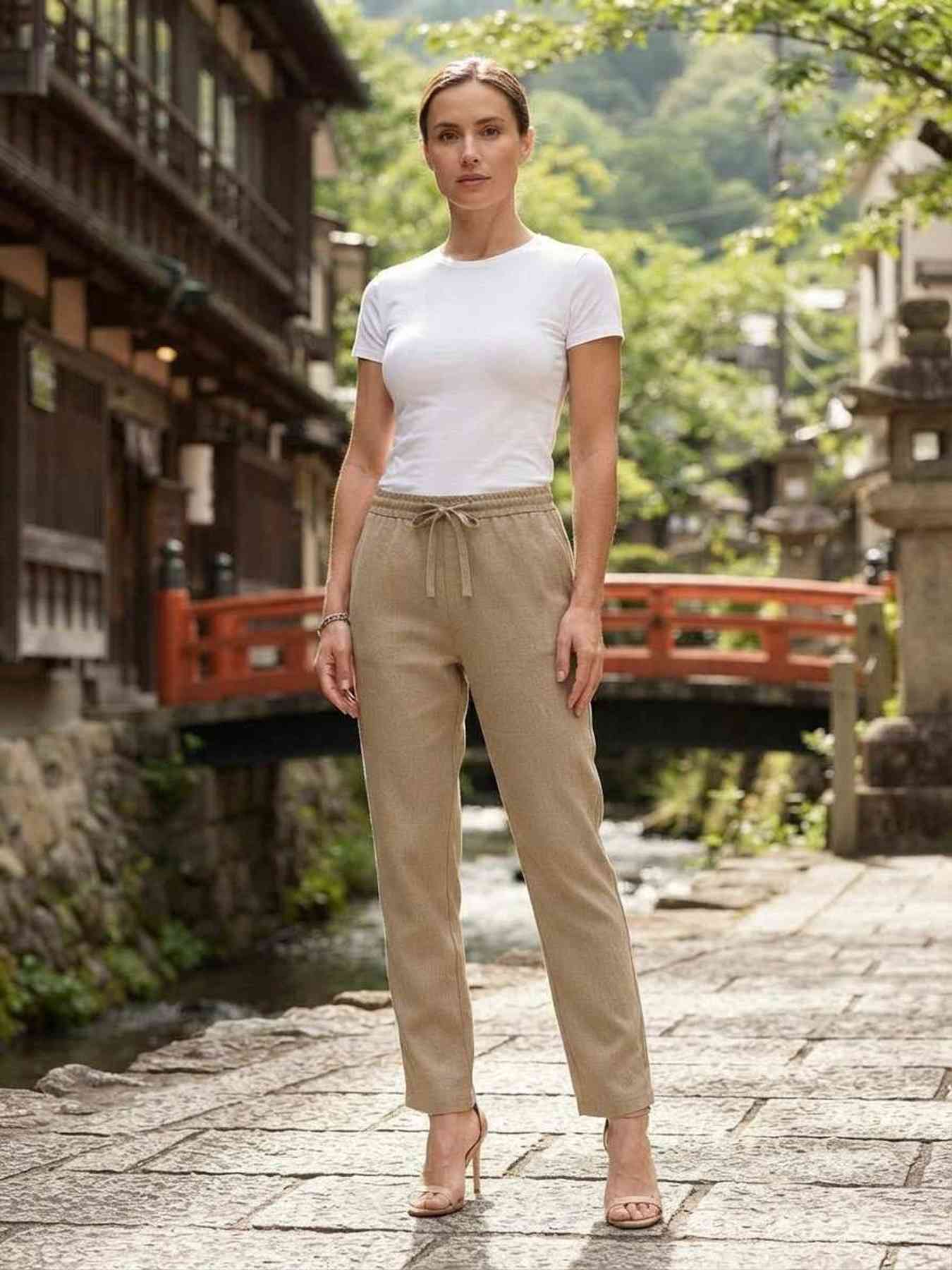 Pantalon femme long, coupe droite, style décontracté avec cordon