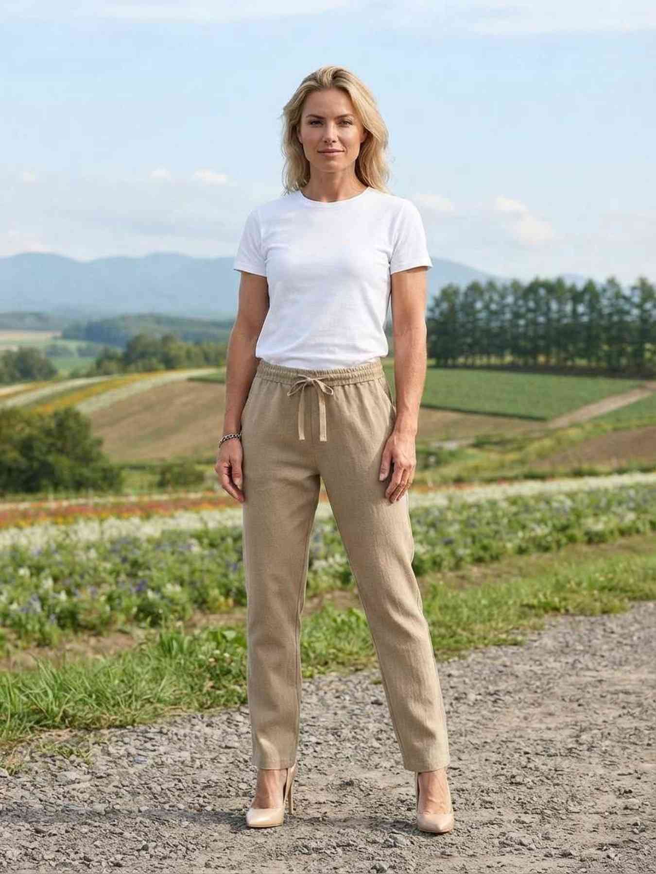 Pantalon femme long, coupe droite, style décontracté avec cordon