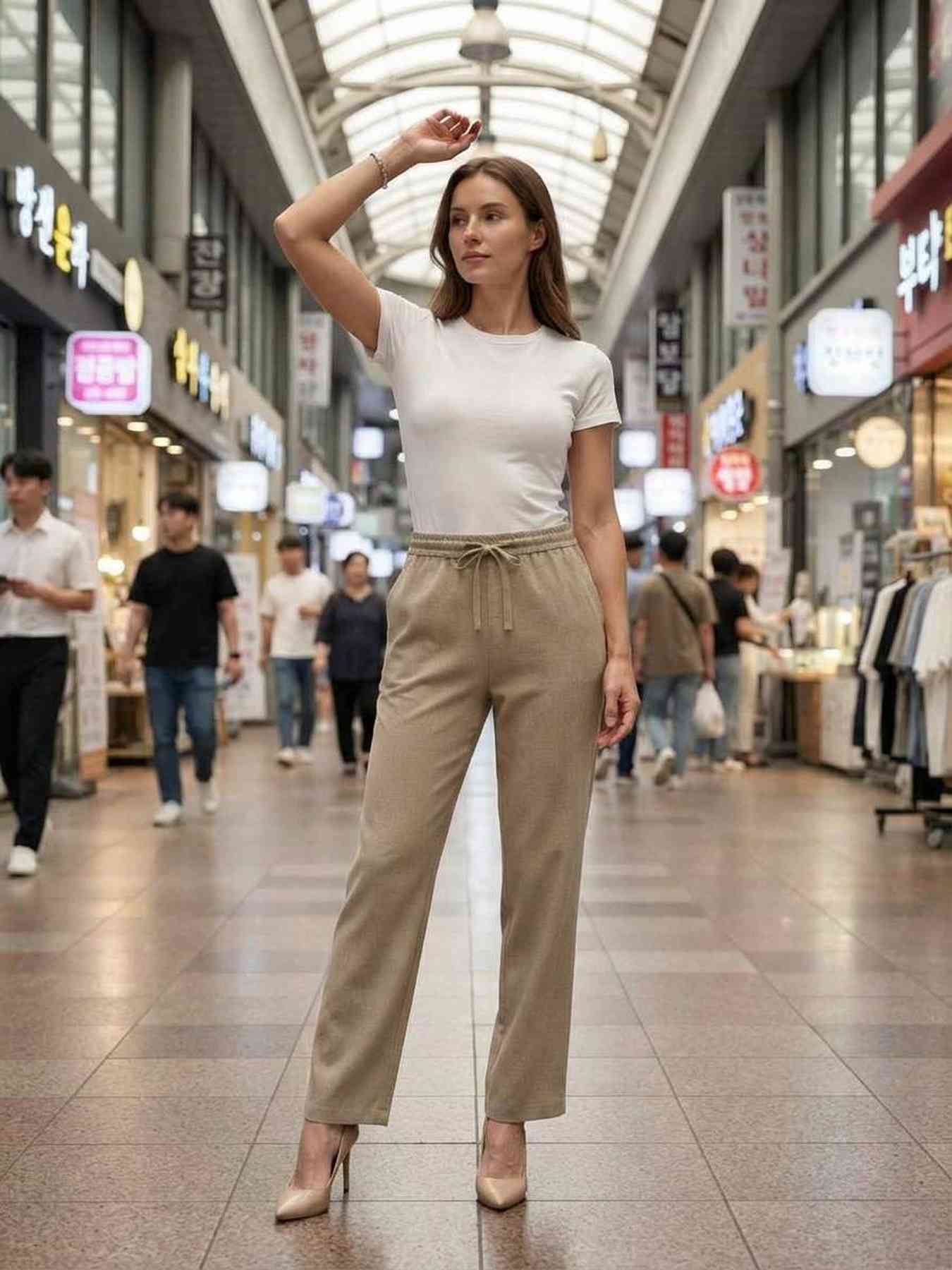 Pantalon long femme casual, jambe droite, sportif, cordon de serrage