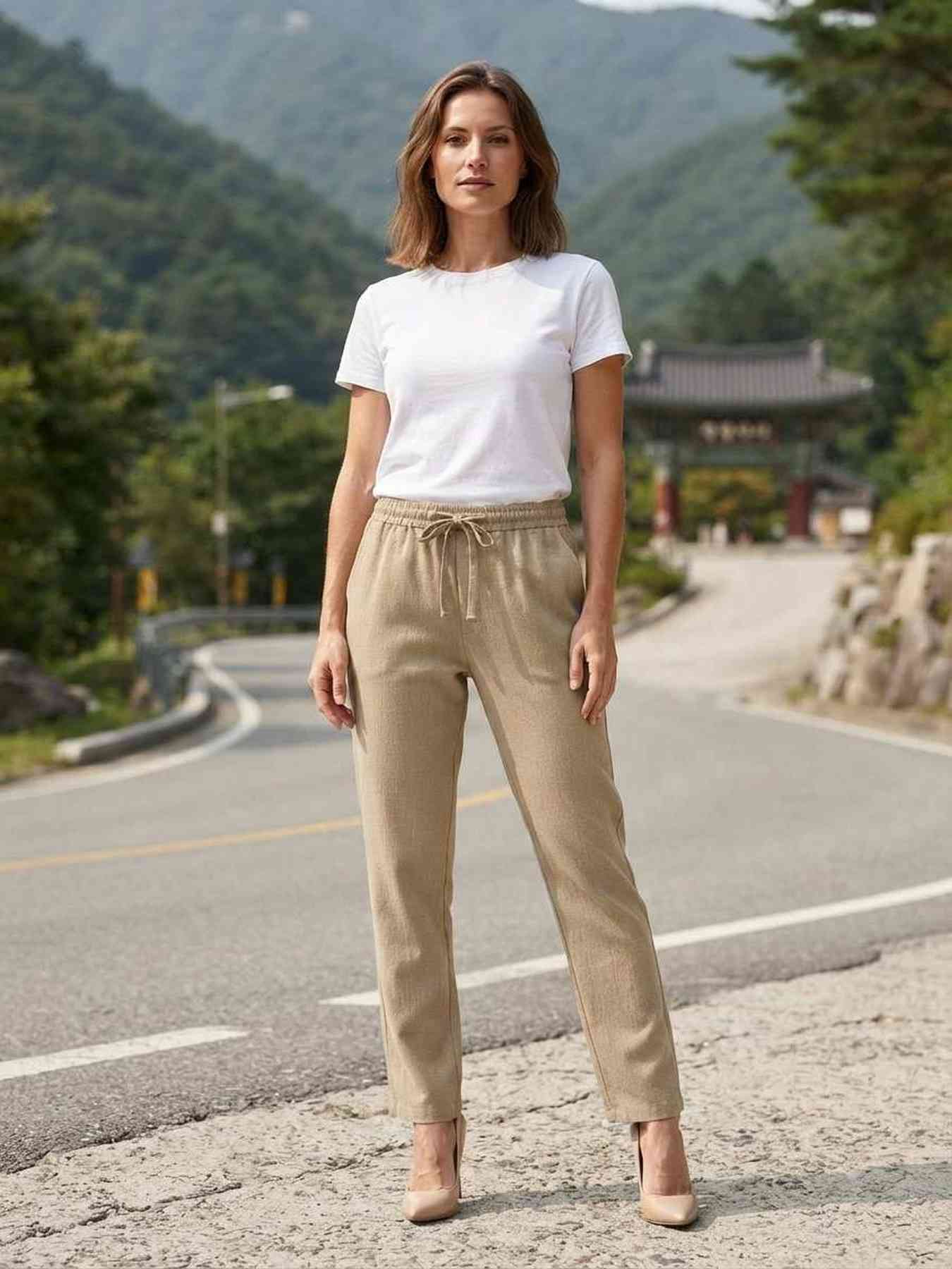 Pantalon long femme, jambe droite, casual sportif, cordon, usage quotidien