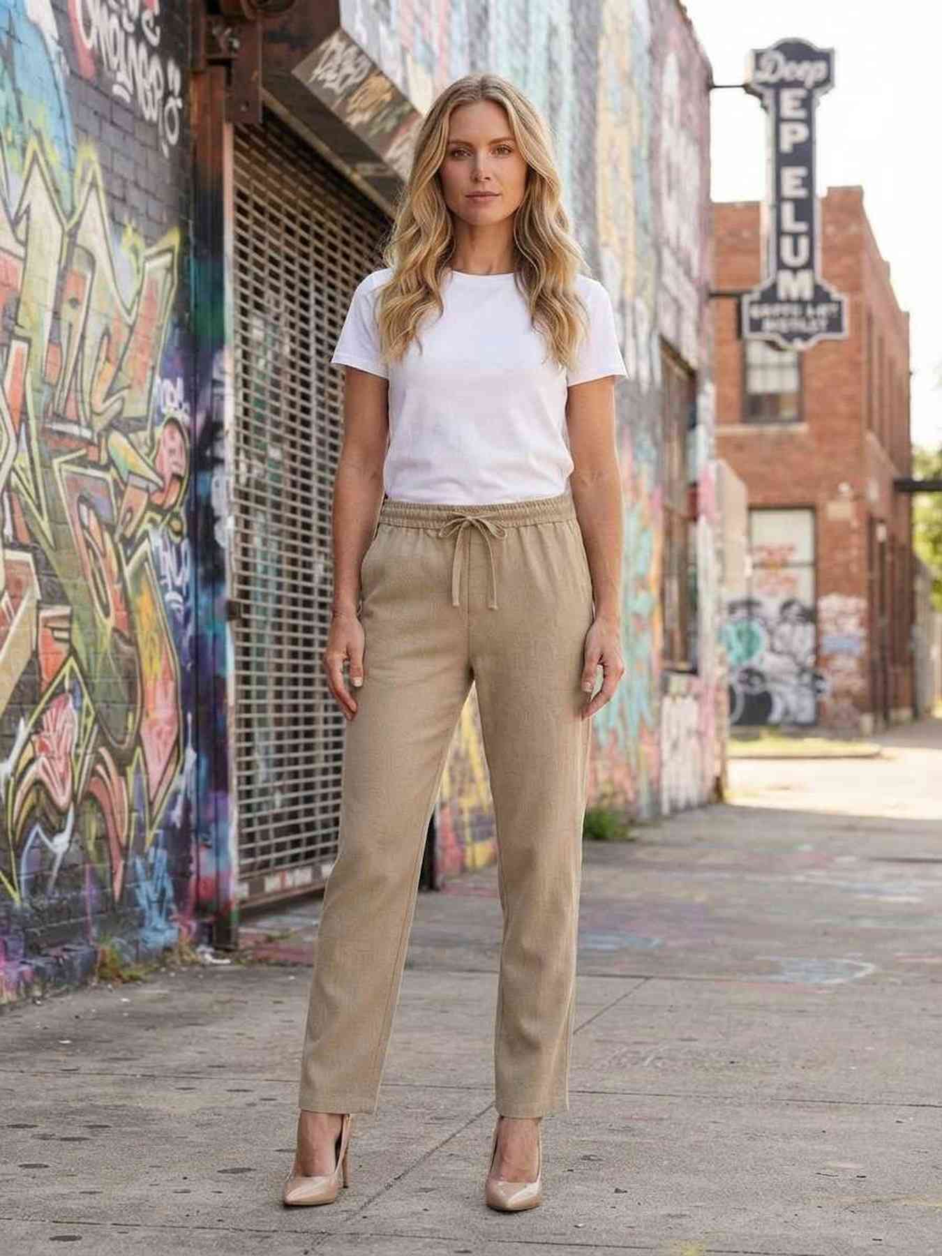 Pantalon long femme, jambe droite, casual sportif, cordon, usage quotidien