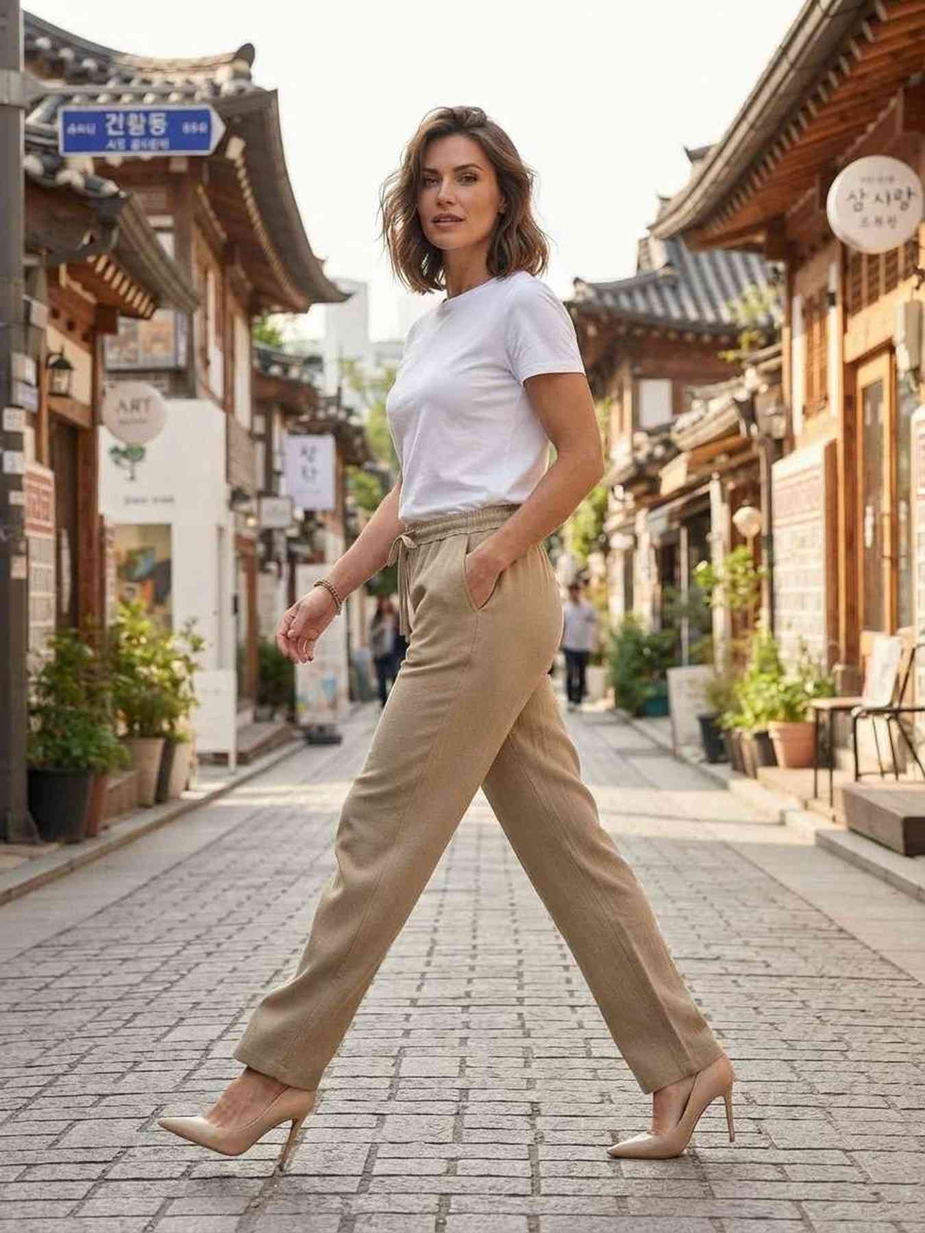 Pantalon décontracté femme jambe droite avec cordon