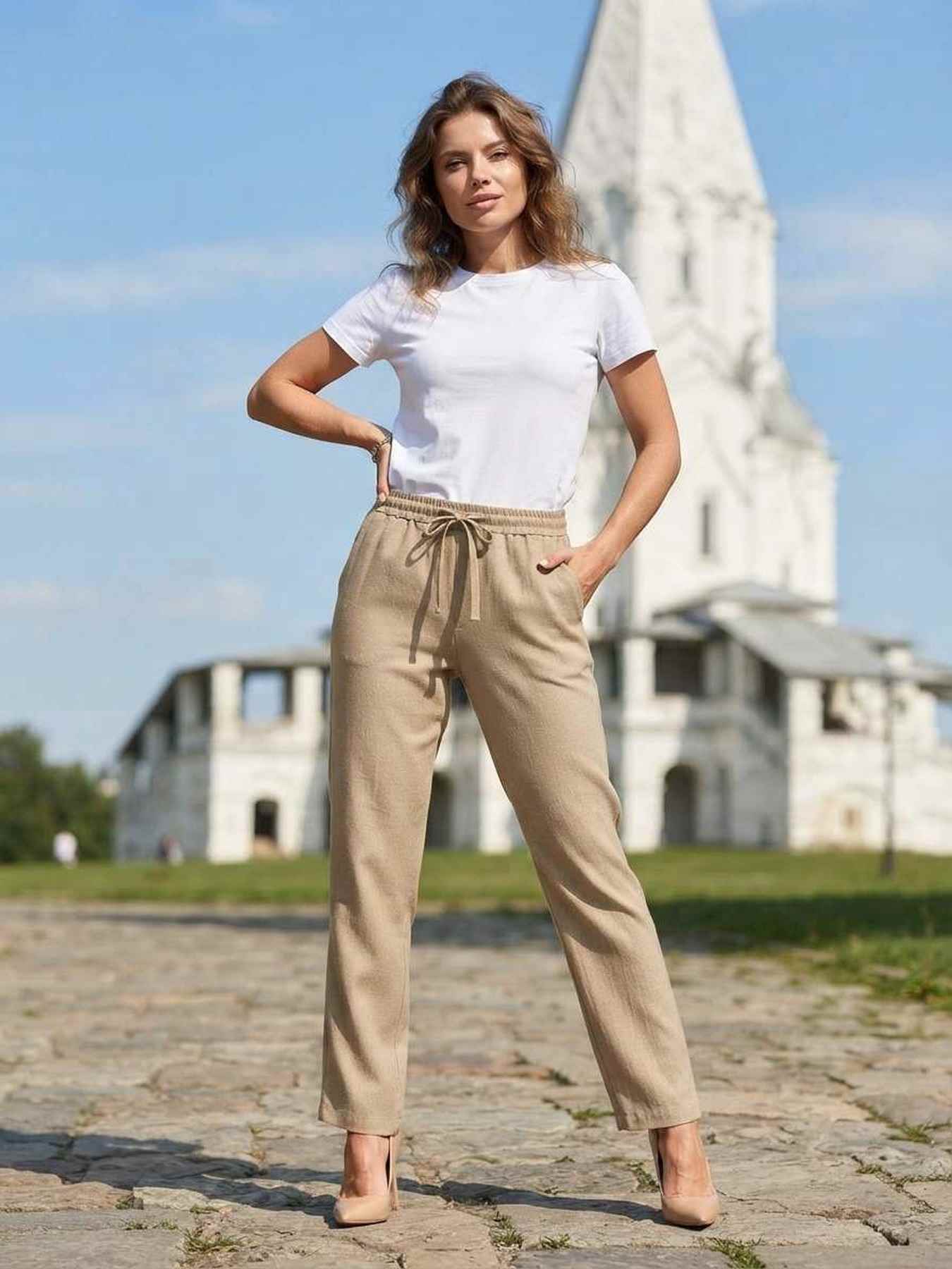 Pantalon décontracté femme jambe droite avec cordon