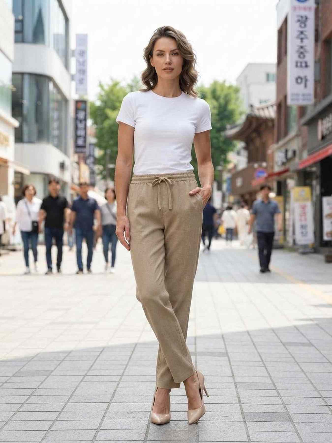 Pantalon long femme jambe droite décontracté