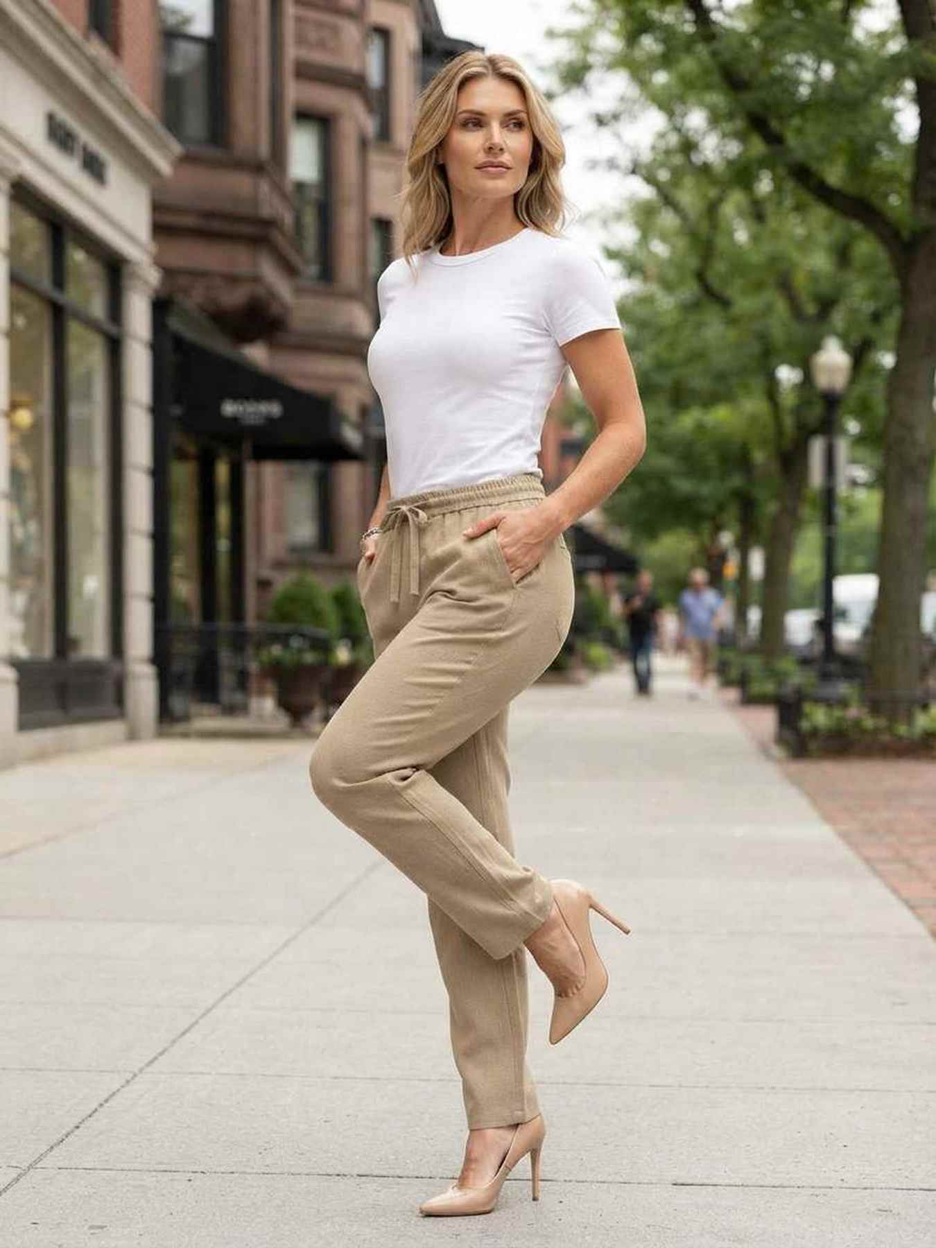 Pantalon long femme, jambe droite, casual sportif, cordon, usage quotidien