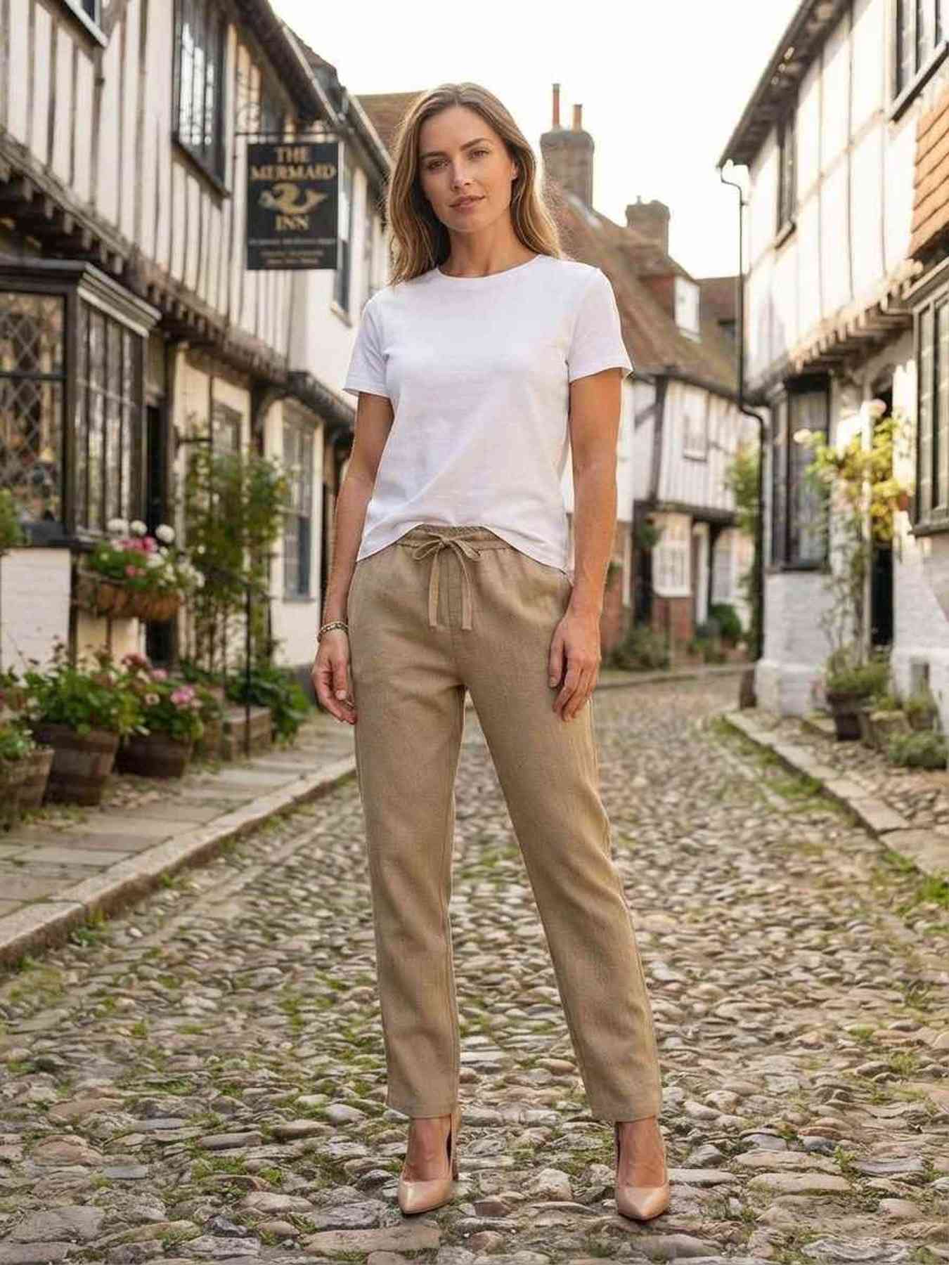 Pantalon décontracté femme jambe droite avec cordon