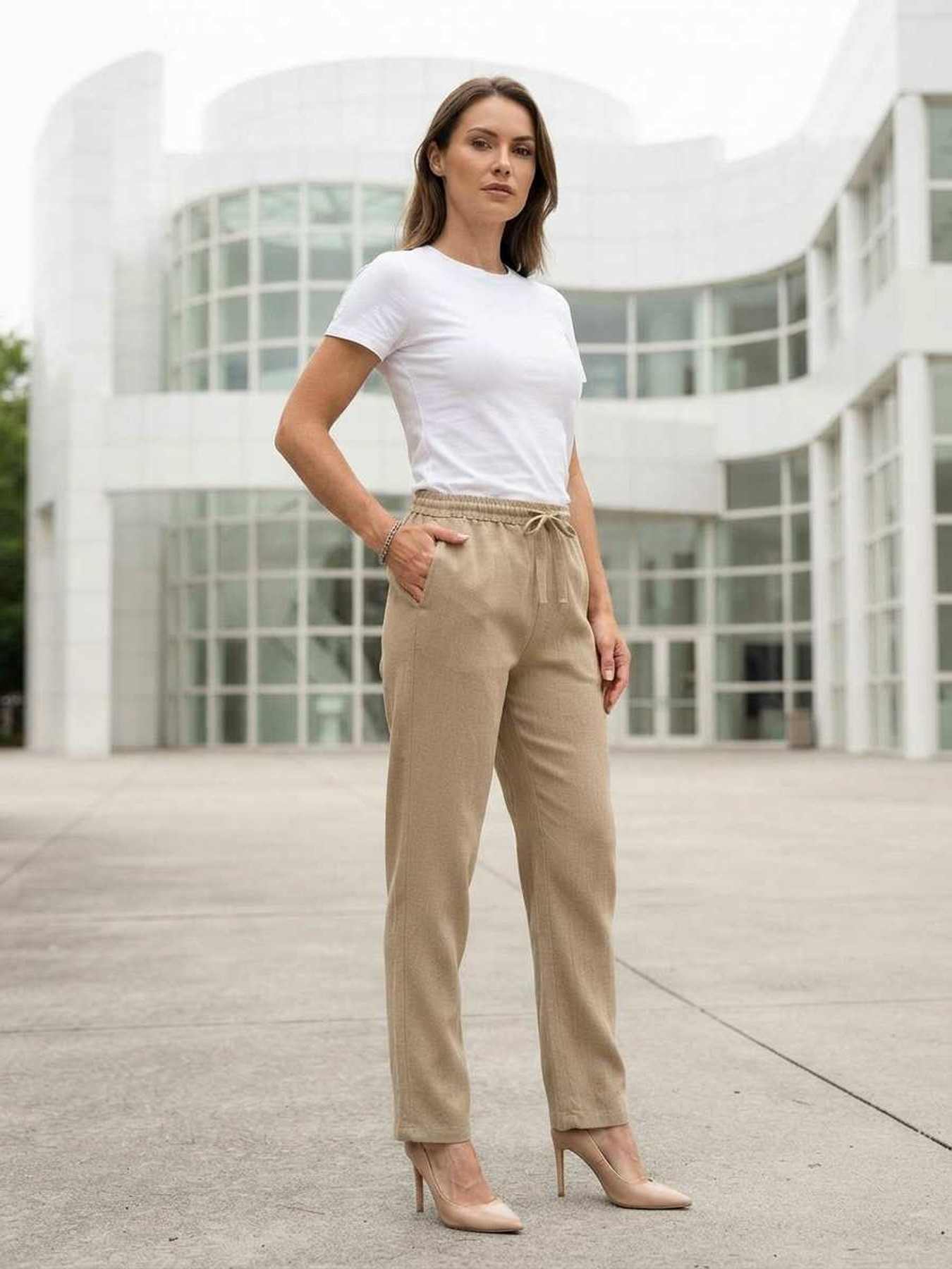 Pantalon long femme jambe droite décontracté