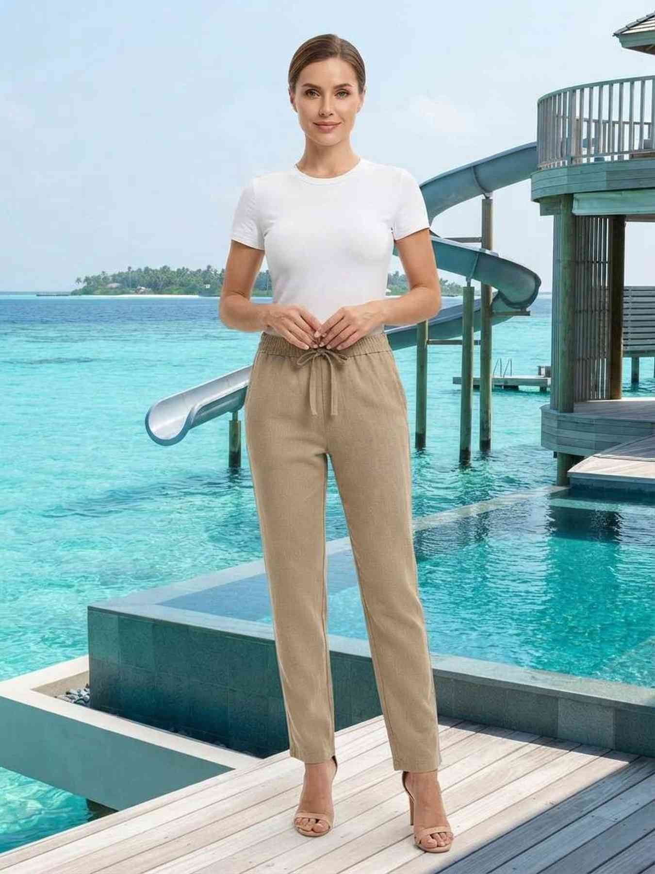 Pantalon femme long, coupe droite, style décontracté avec cordon