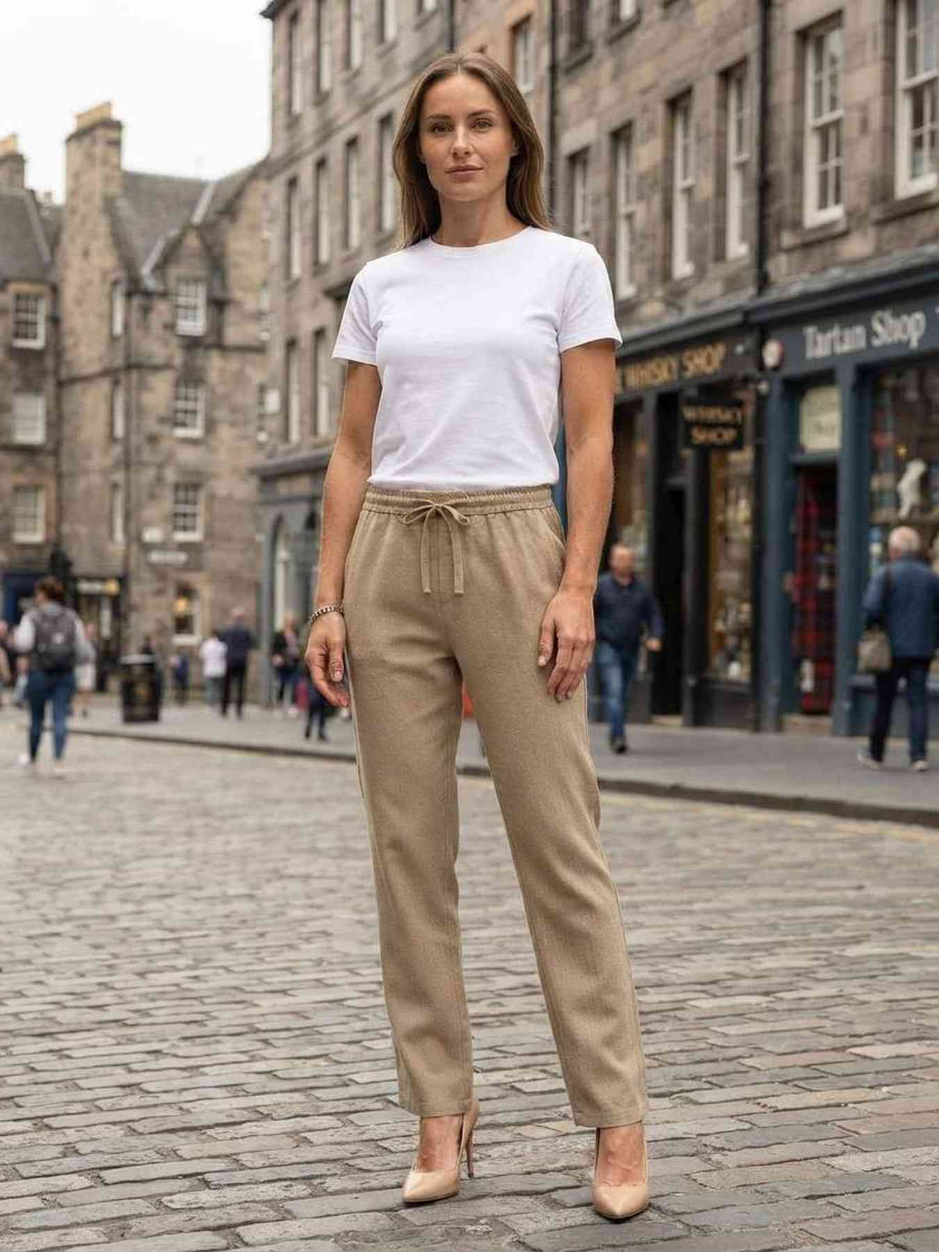 Pantalon long femme casual, jambe droite, sportif, cordon de serrage