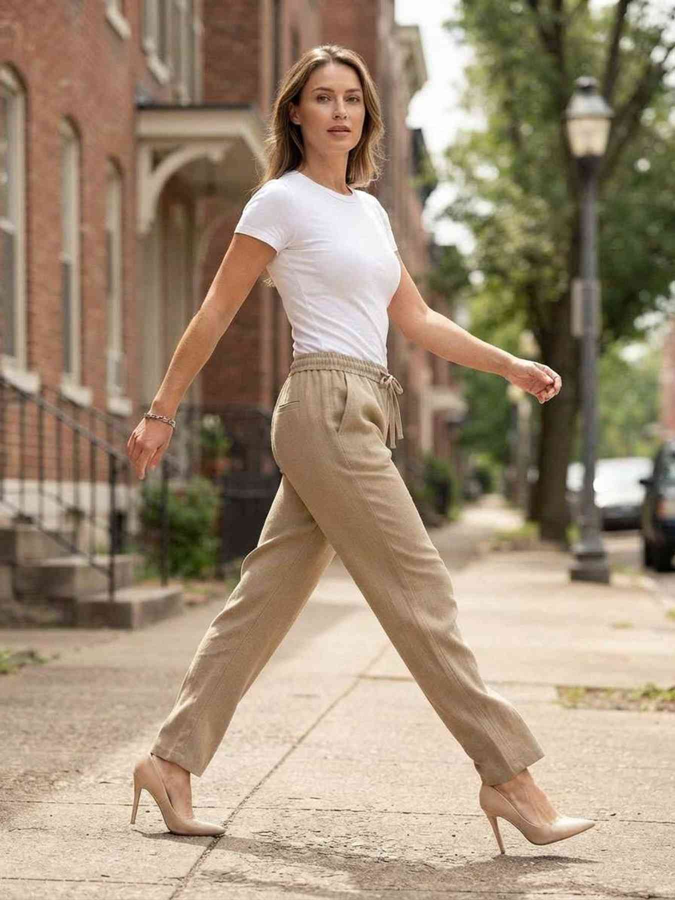 Pantalon long femme, jambe droite, casual sportif, cordon, usage quotidien