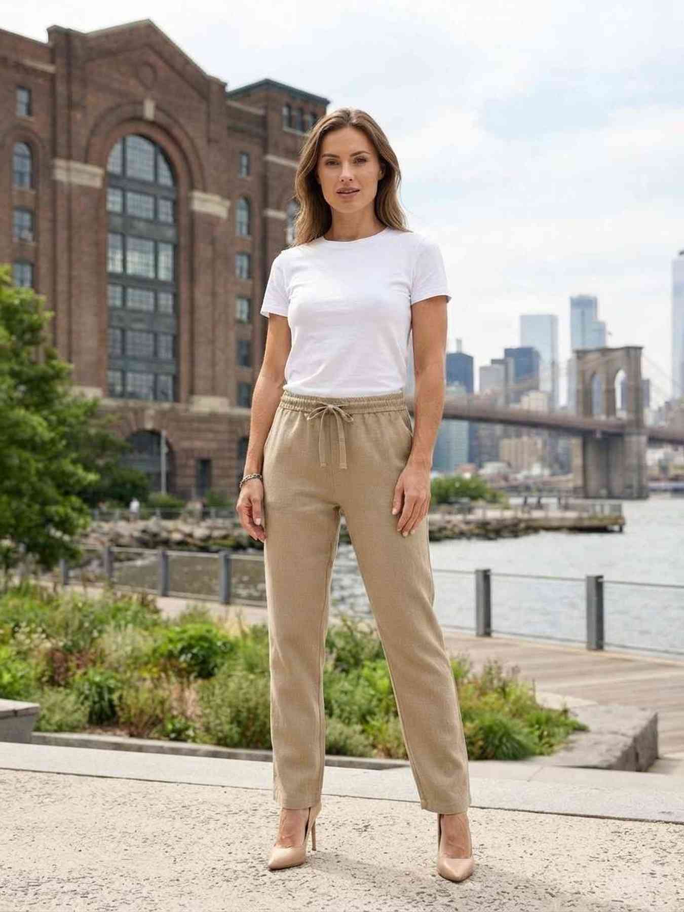 Pantalon long femme casual, jambe droite, sportif, cordon de serrage