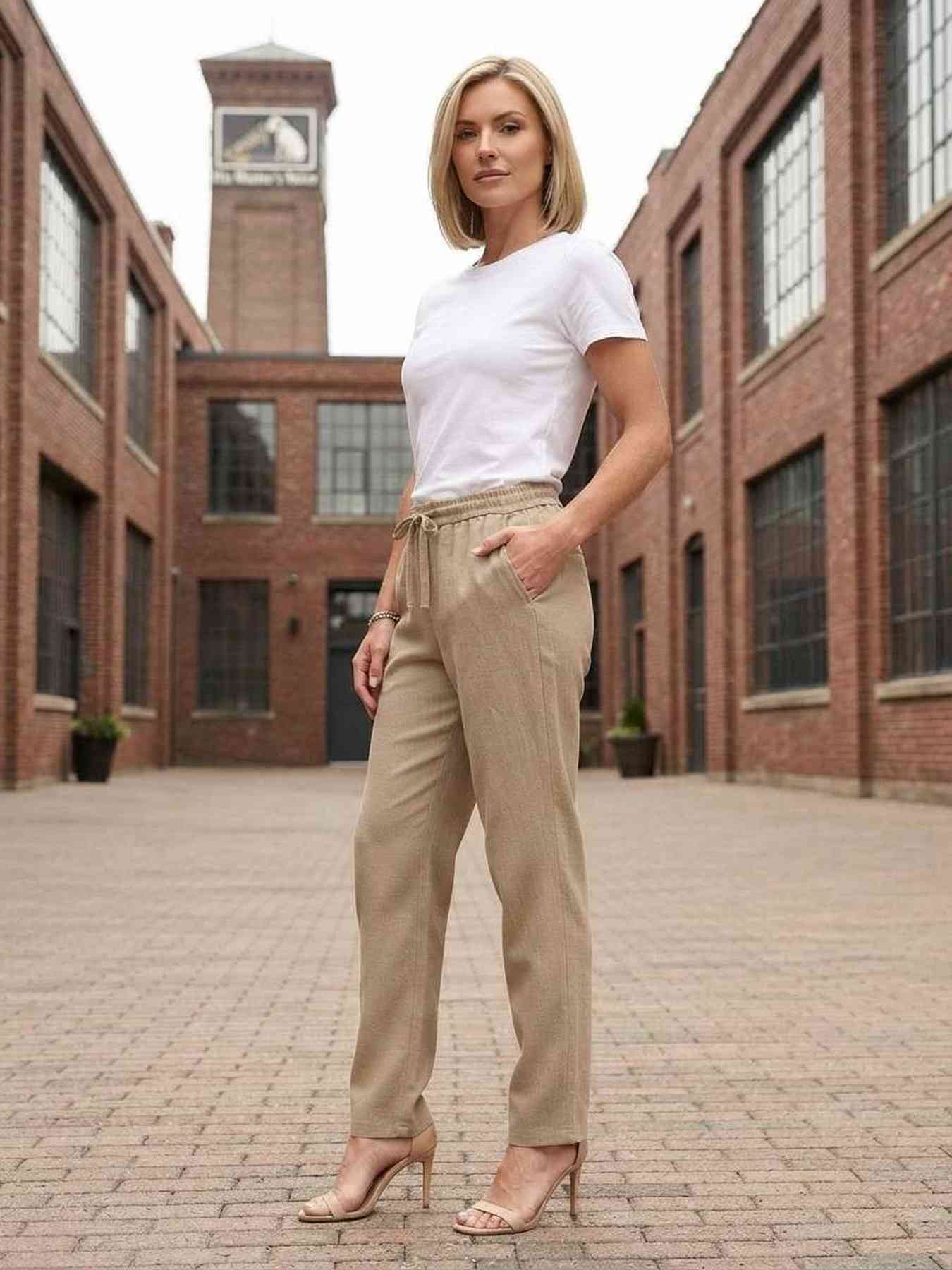Pantalon long femme décontracté, jambe droite, sport, cordon de serrage