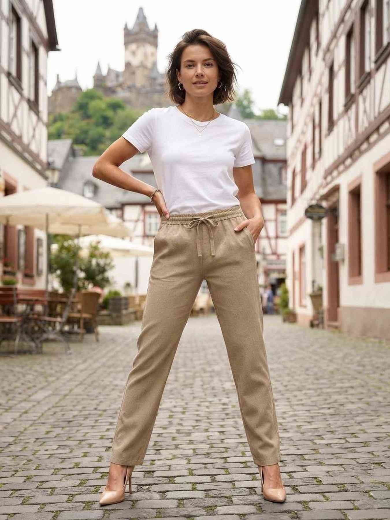 Pantalon long femme, coupe droite, décontracté, cordon de serrage
