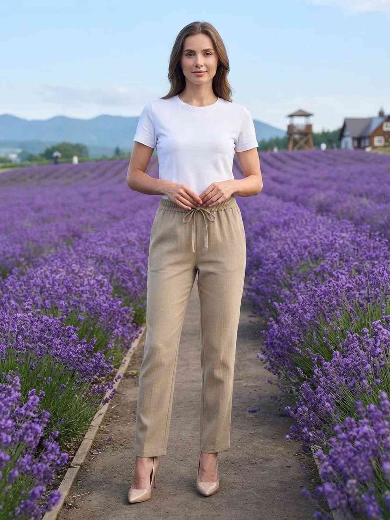 Pantalon casual femme long, jambe droite, sportif, cordon de serrage, usage quotidien