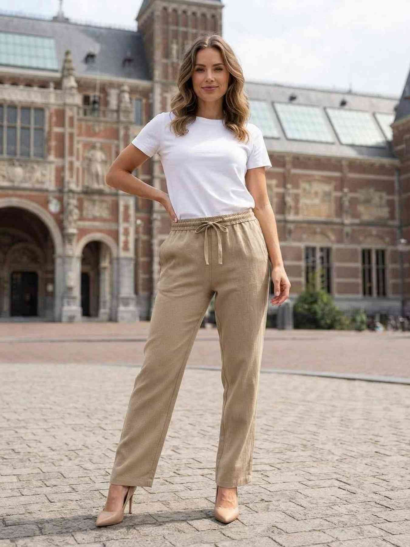 Pantalon décontracté femme jambe droite avec cordon