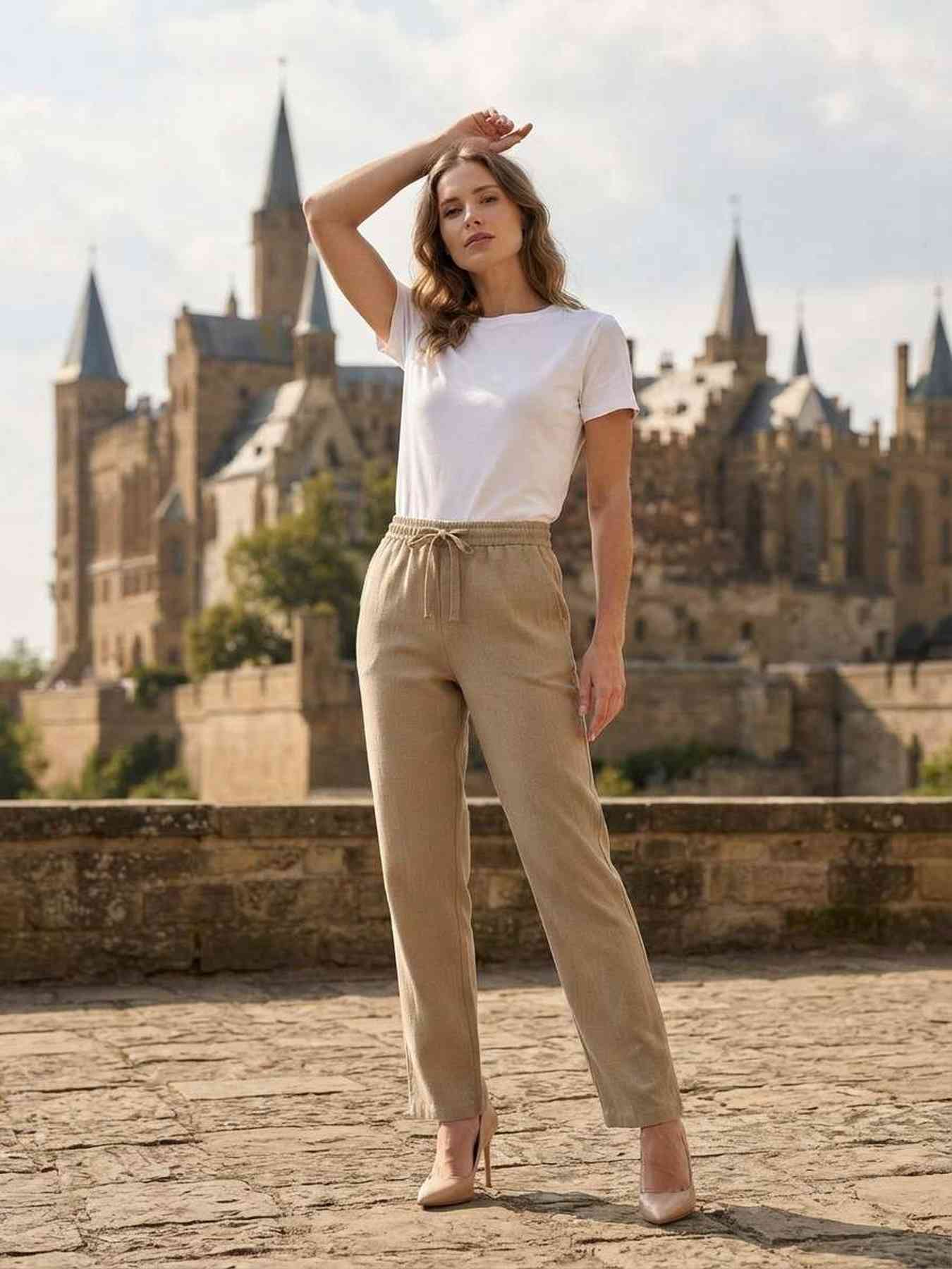 Pantalon femme long, coupe droite, style décontracté avec cordon