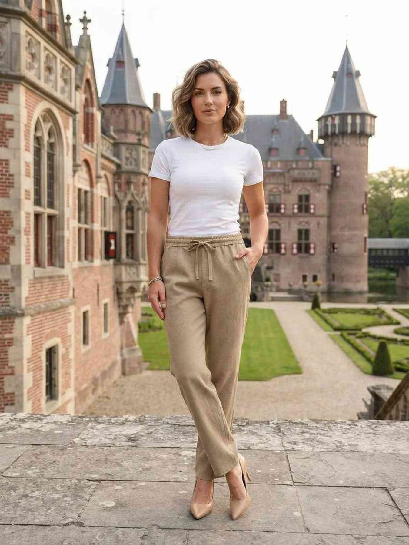 Pantalon long femme casual, jambe droite, sportif, cordon de serrage