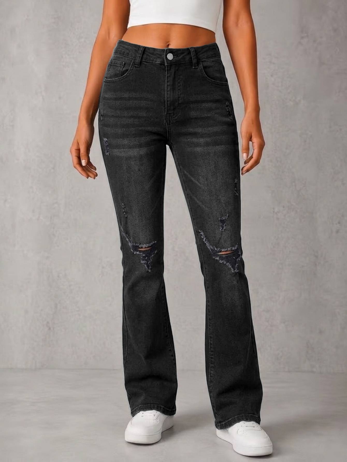 Jean femme taille haute évasé déchiré noir délavé stretch