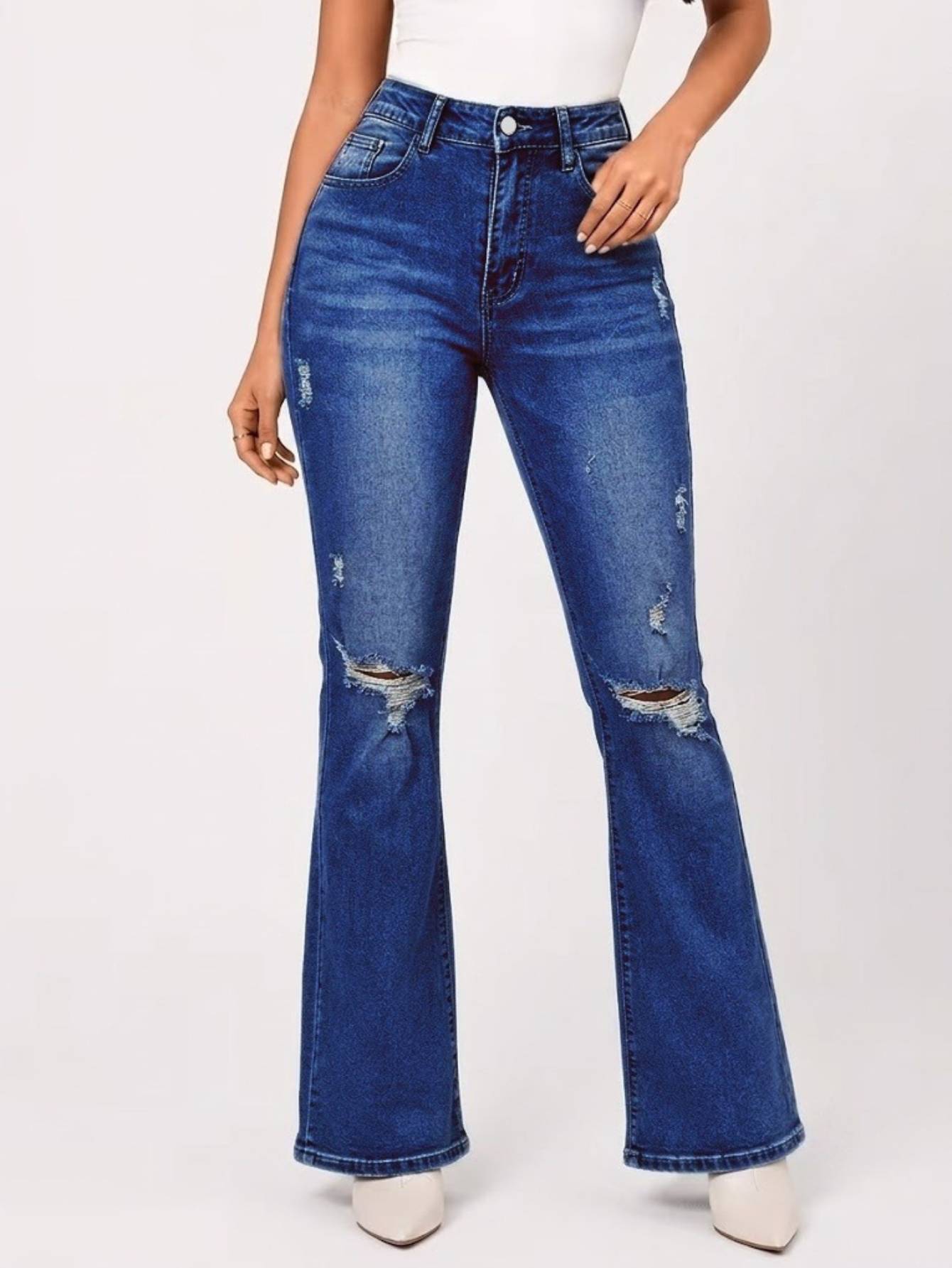 Jeans évasé taille haute déchiré femme bleu moyen